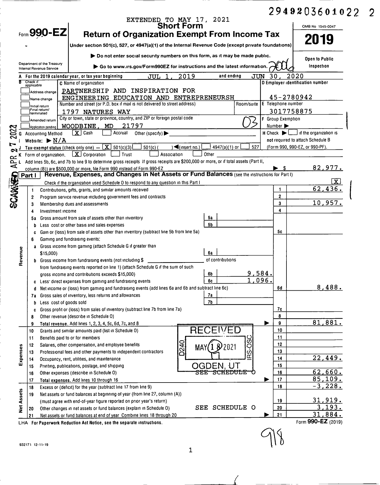 Image of first page of 2019 Form 990EZ for Partnership and Inspiration for Engineering Education and Entrepreneursh
