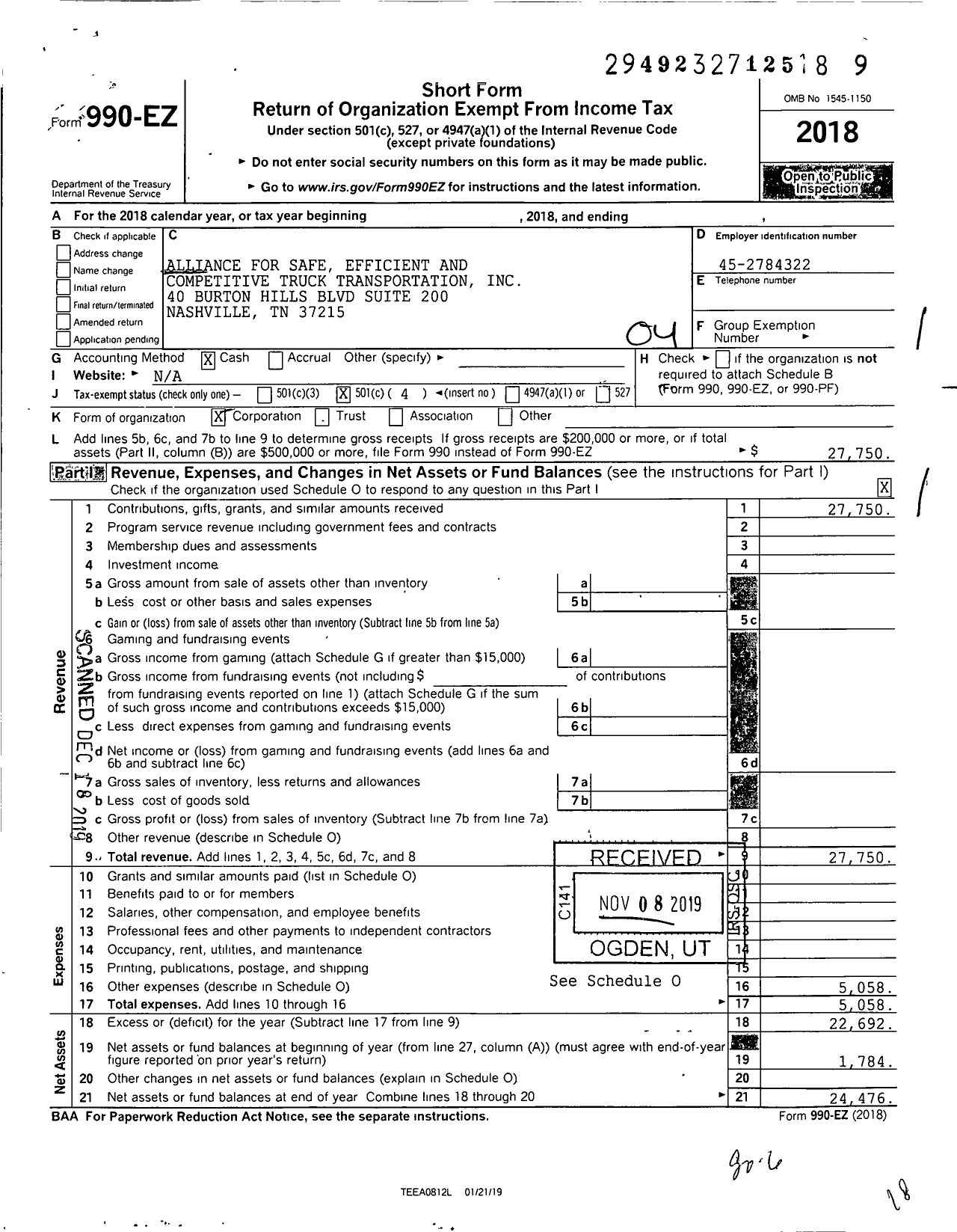 Image of first page of 2018 Form 990EO for Alliance for Safe Efficient and Competitive Truck Transportation