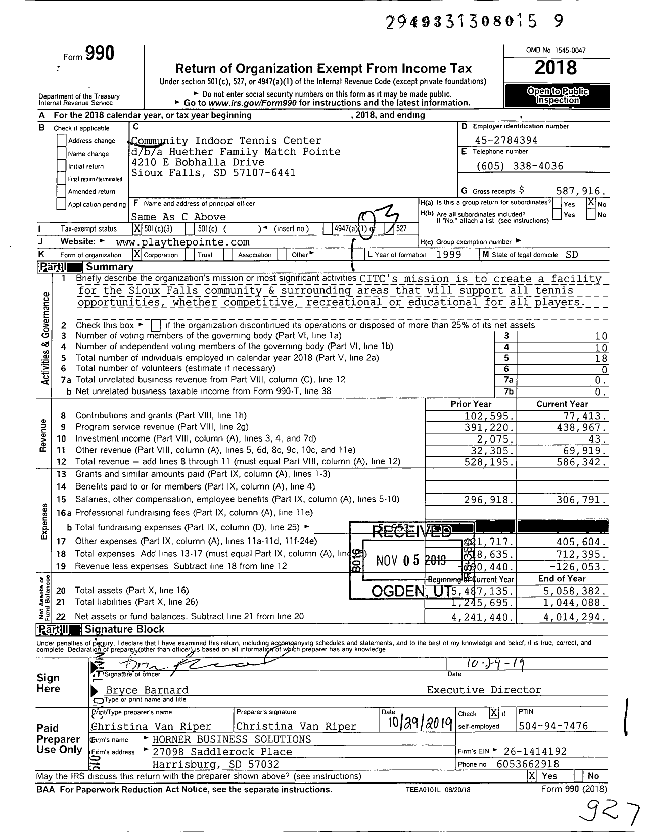 Image of first page of 2018 Form 990 for Huether Family Match Pointe