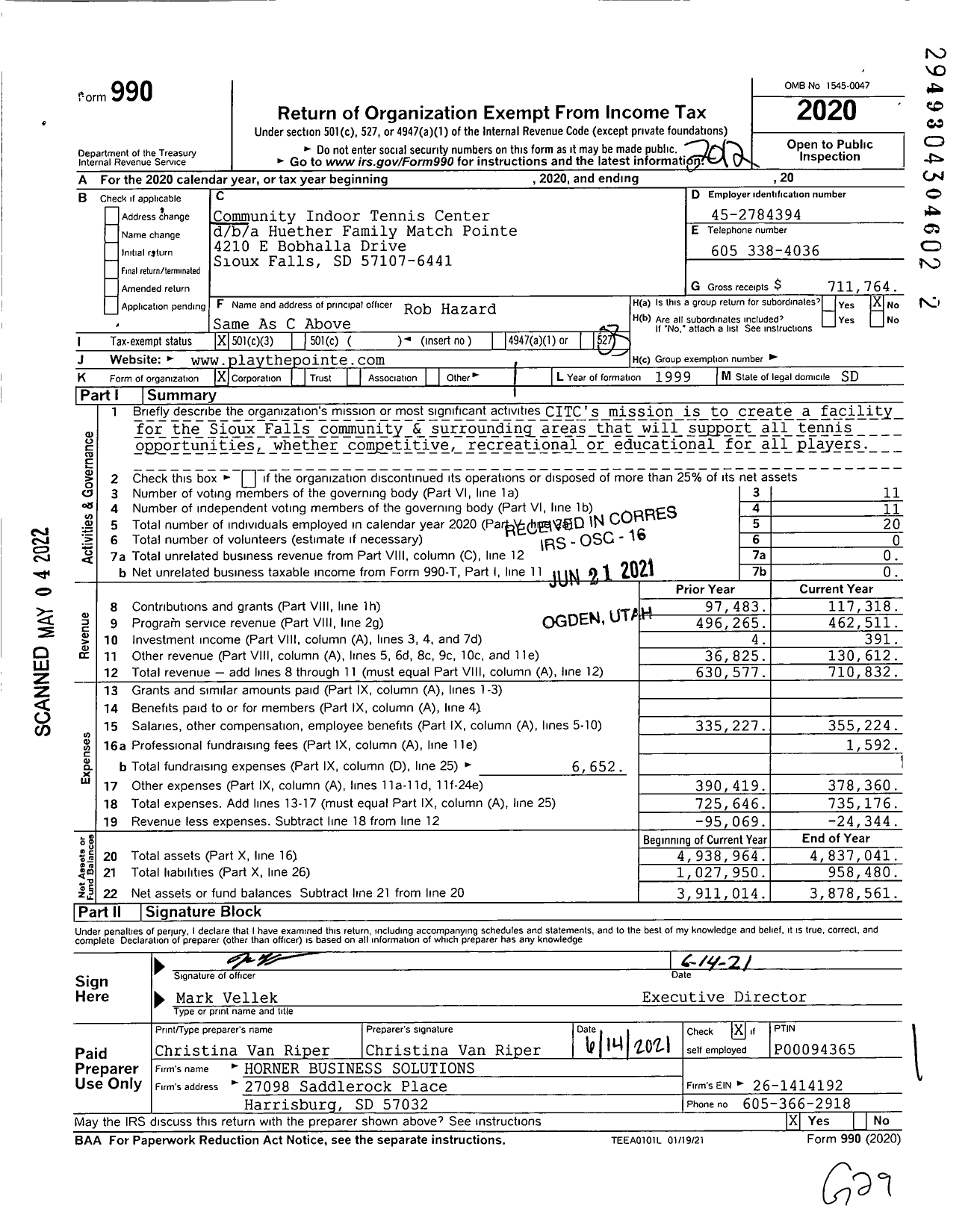 Image of first page of 2020 Form 990 for Huether Family Match Pointe