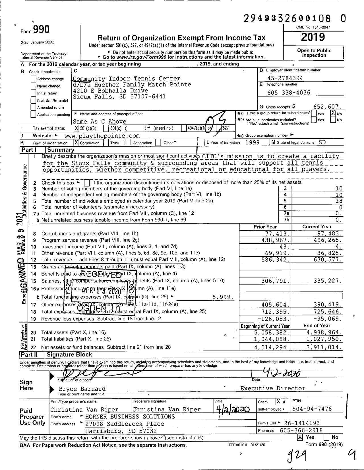 Image of first page of 2019 Form 990 for Huether Family Match Pointe