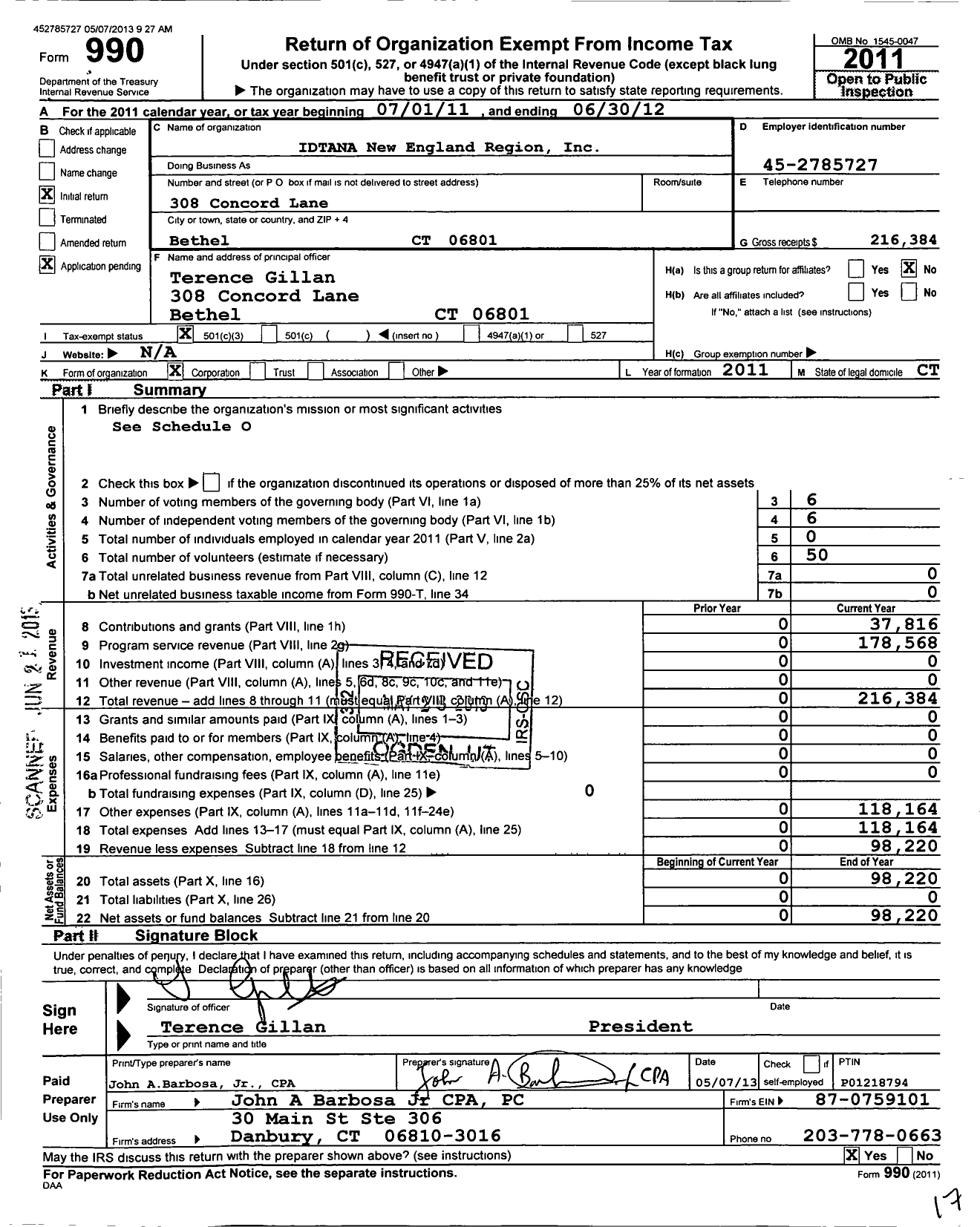 Image of first page of 2011 Form 990 for IDTANA New England Region