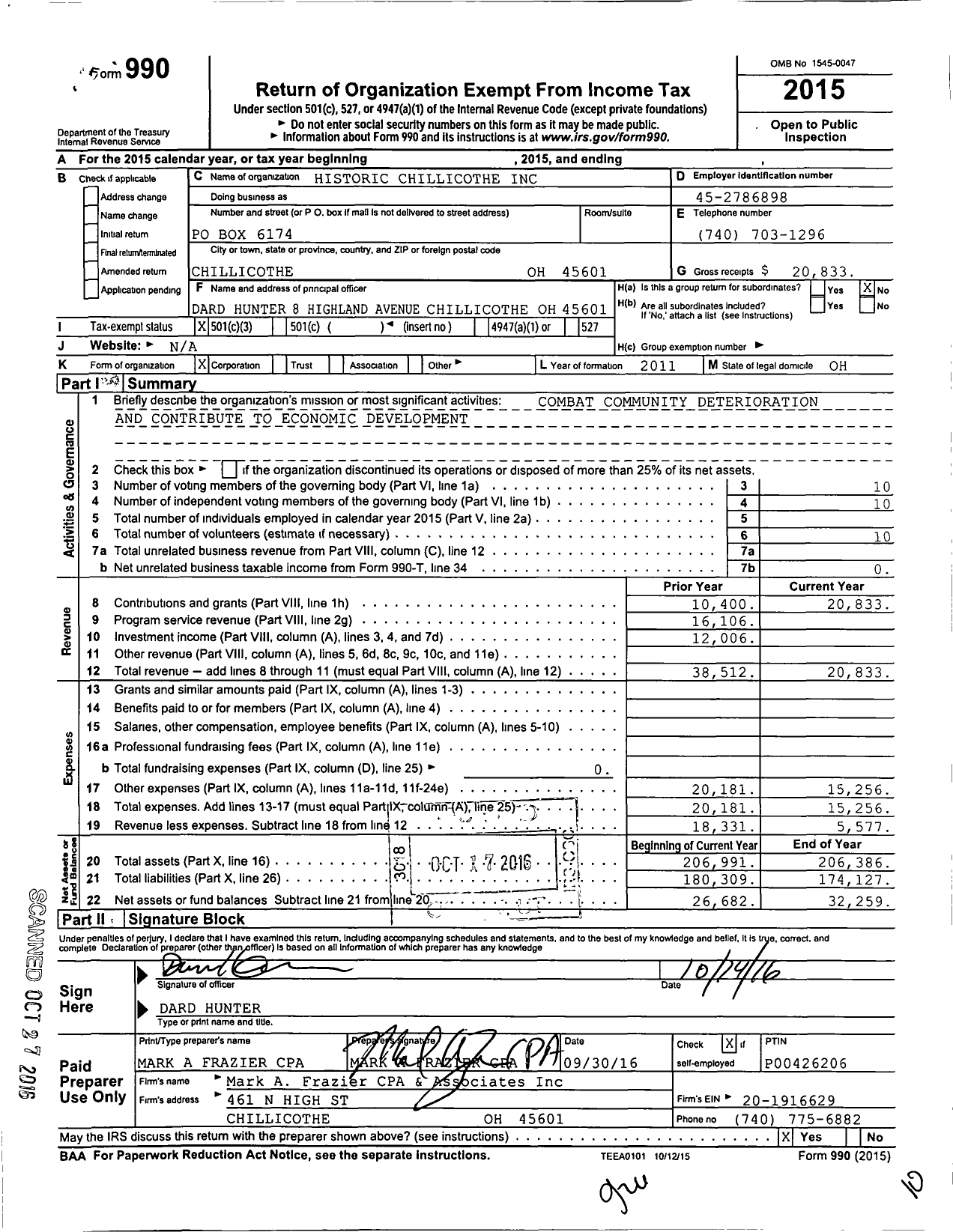 Image of first page of 2015 Form 990 for Historic Chillicothe