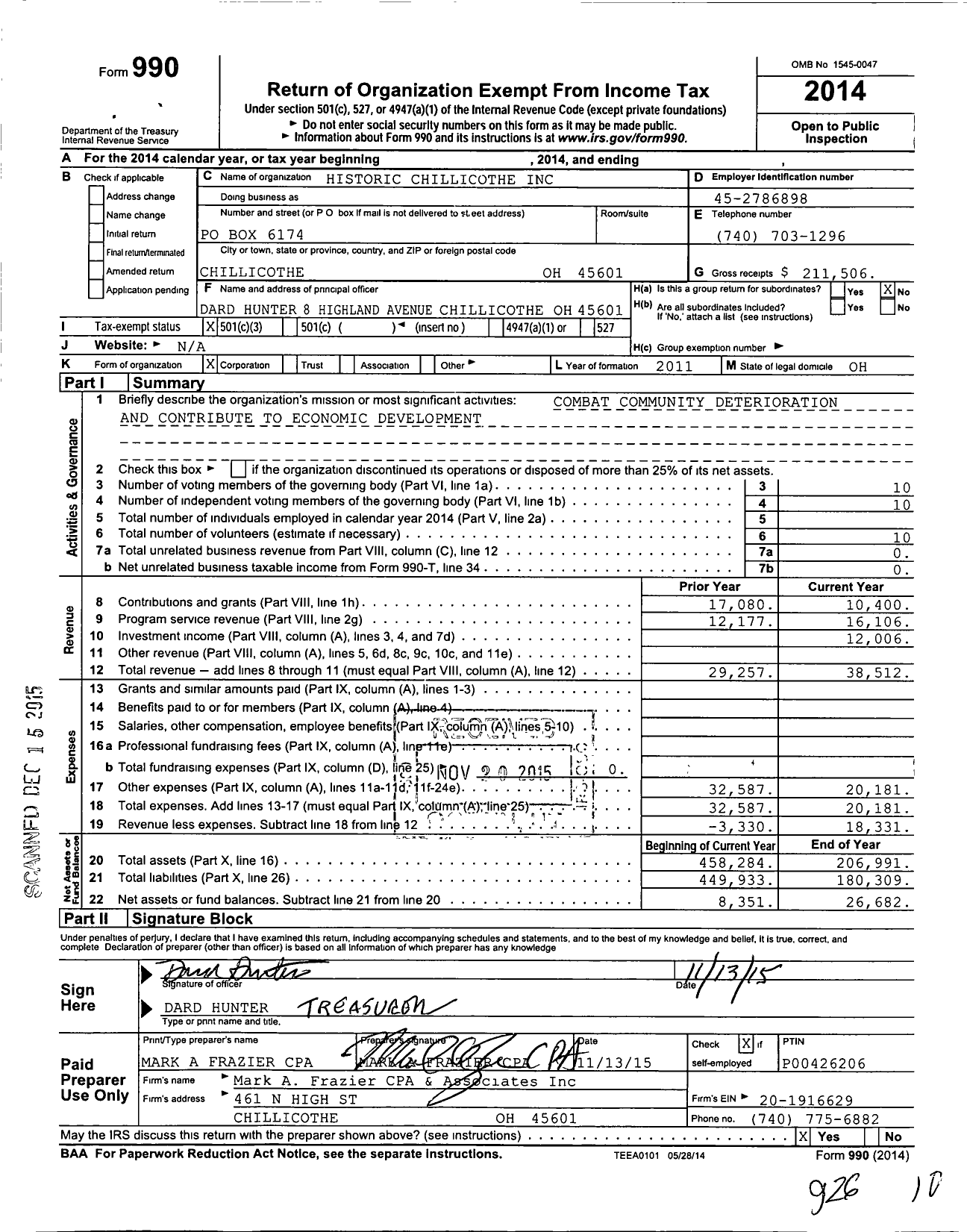 Image of first page of 2014 Form 990 for Historic Chillicothe