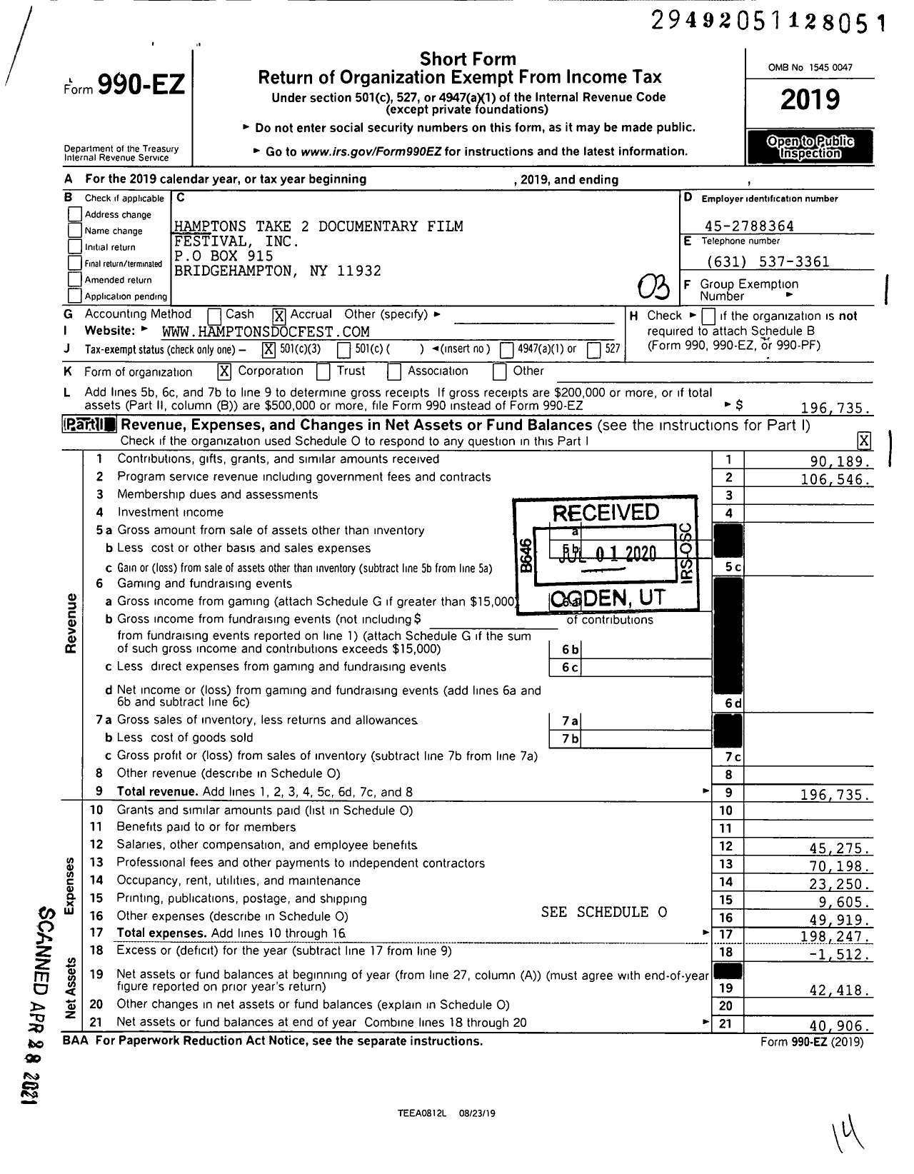 Image of first page of 2019 Form 990EZ for Hamptons Take 2 Documentary Film Festival