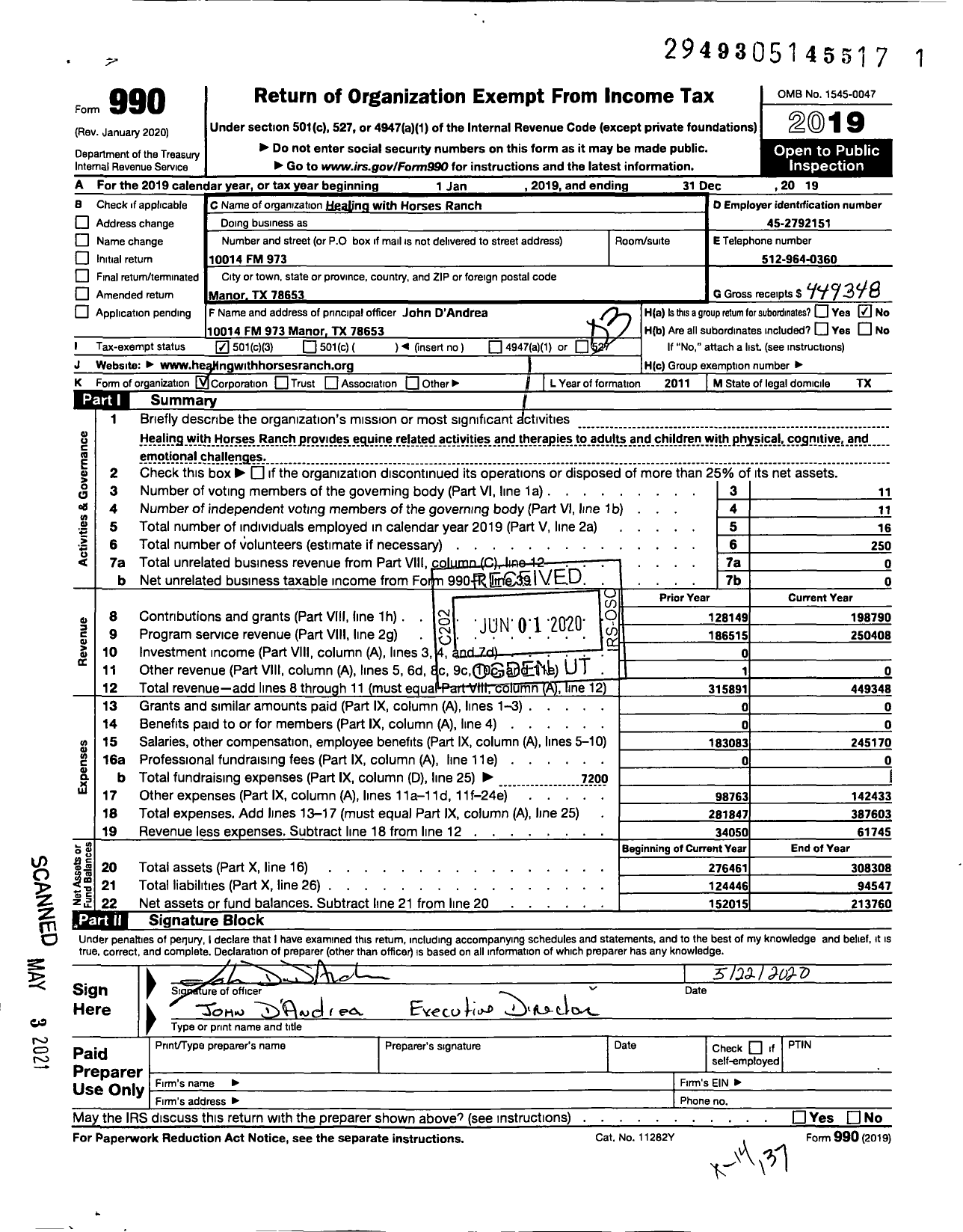 Image of first page of 2019 Form 990 for Healing with Horses Ranch