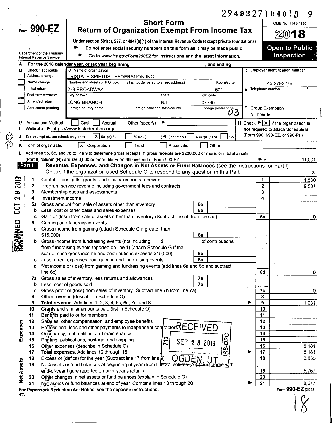 Image of first page of 2018 Form 990EZ for Tristate Spiritist Federation