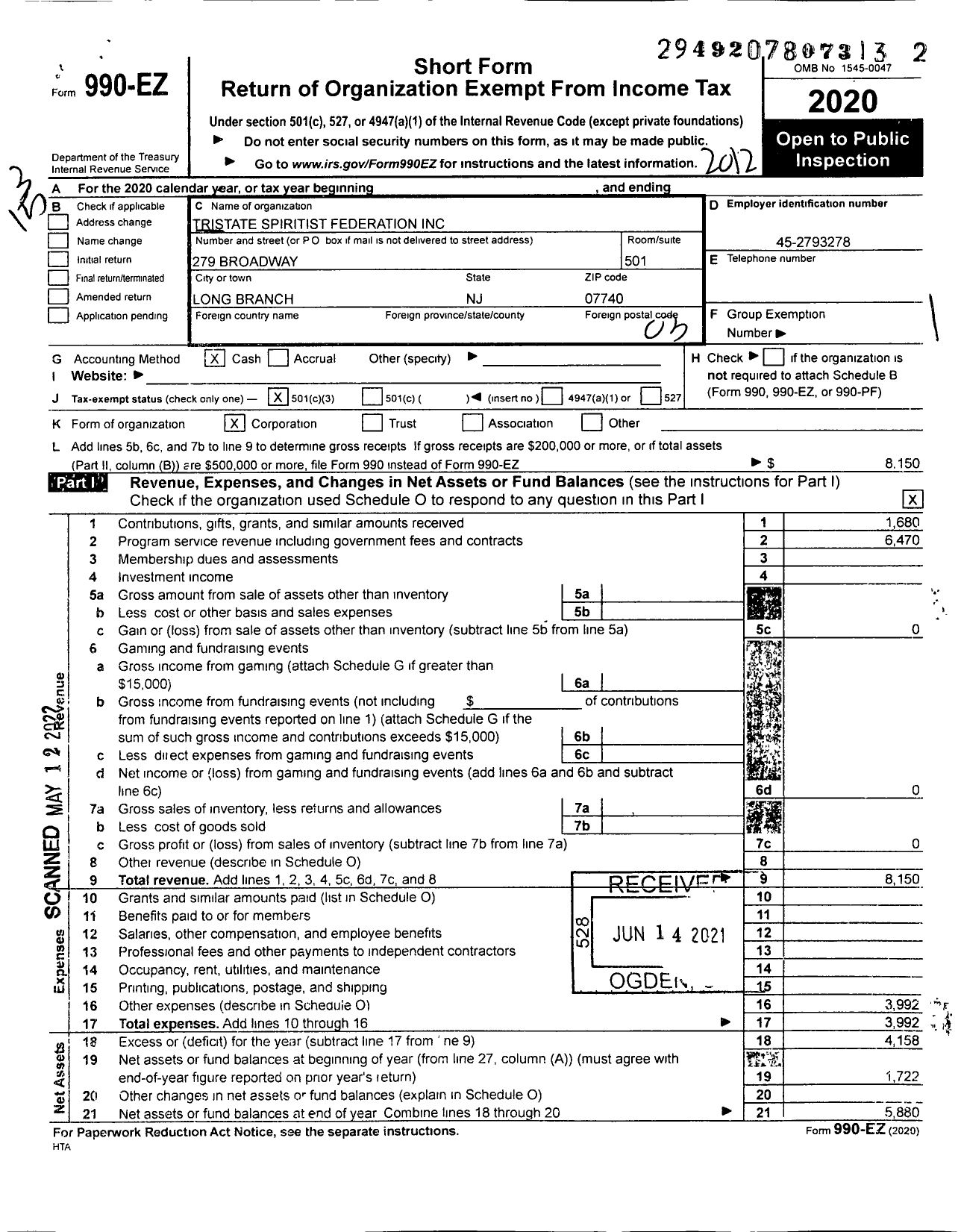 Image of first page of 2020 Form 990EZ for Tristate Spiritist Federation