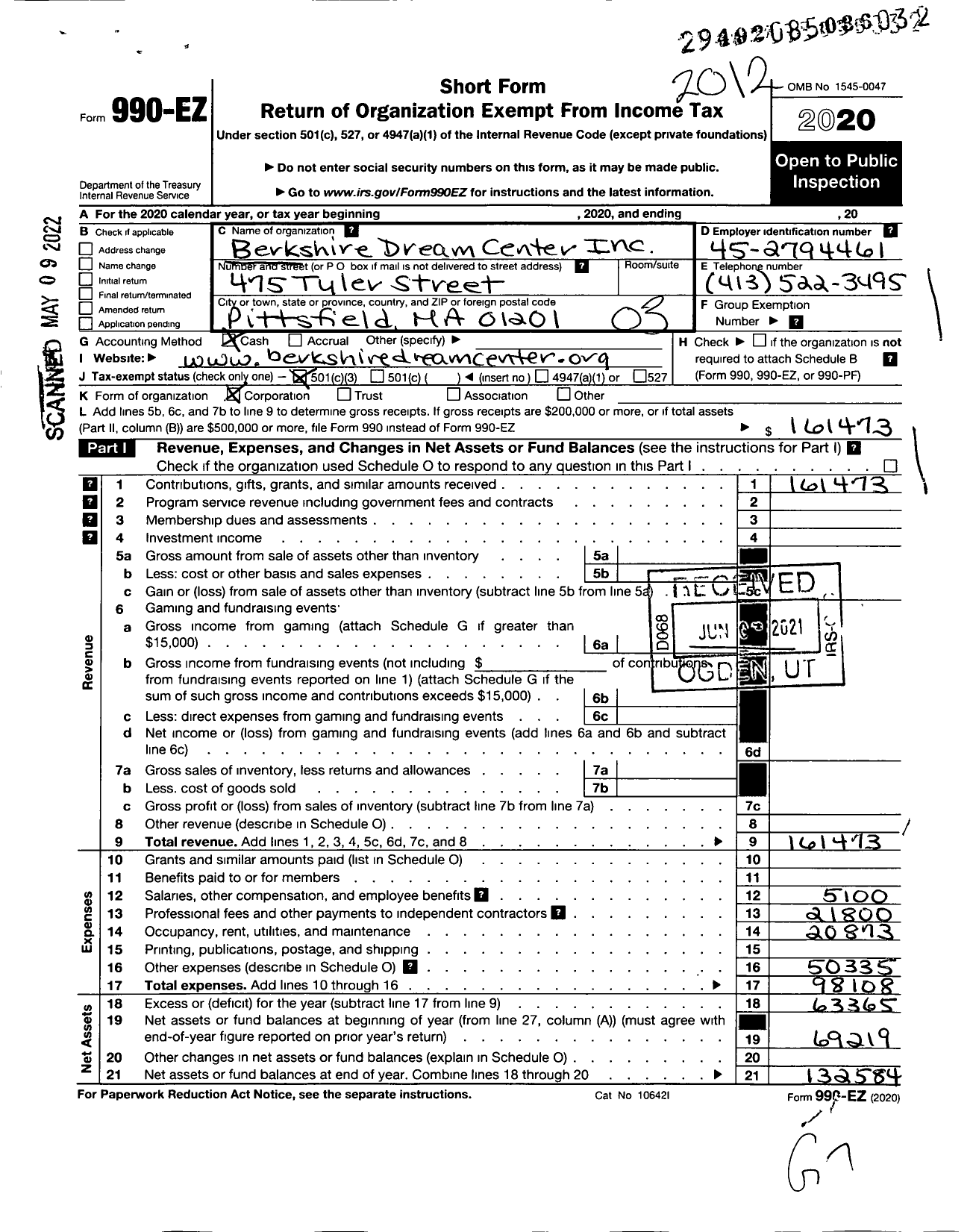 Image of first page of 2020 Form 990EZ for Berkshire Dream Center