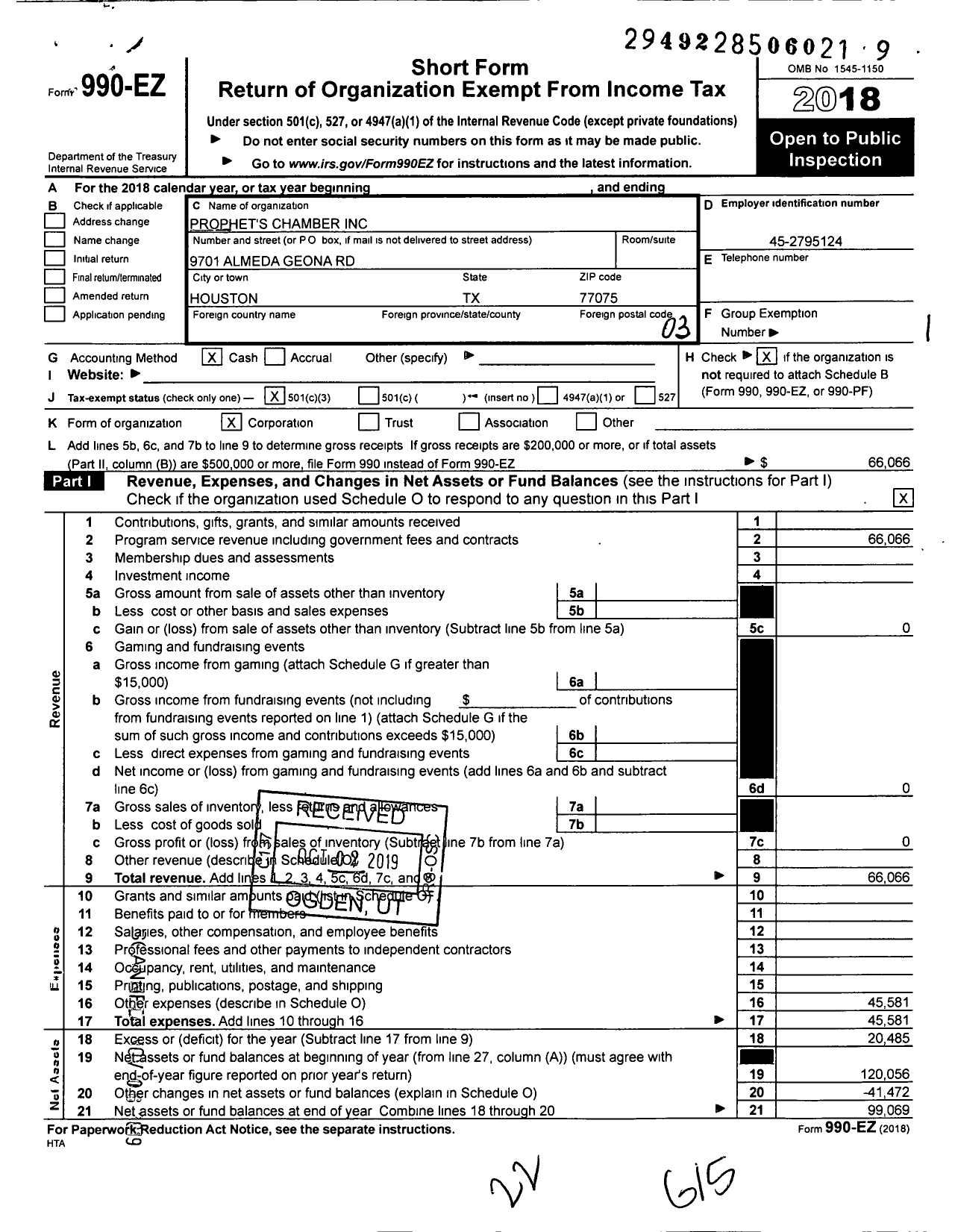 Image of first page of 2018 Form 990EZ for Prophet's Chamber