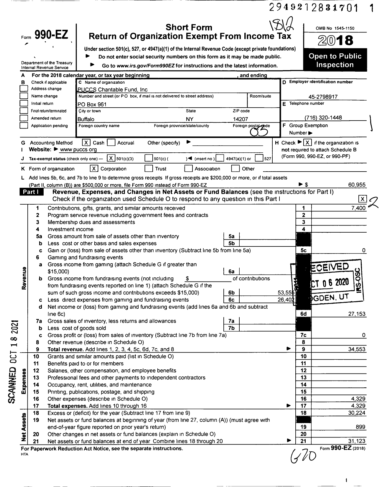 Image of first page of 2018 Form 990EZ for Puccs Charitable Fund