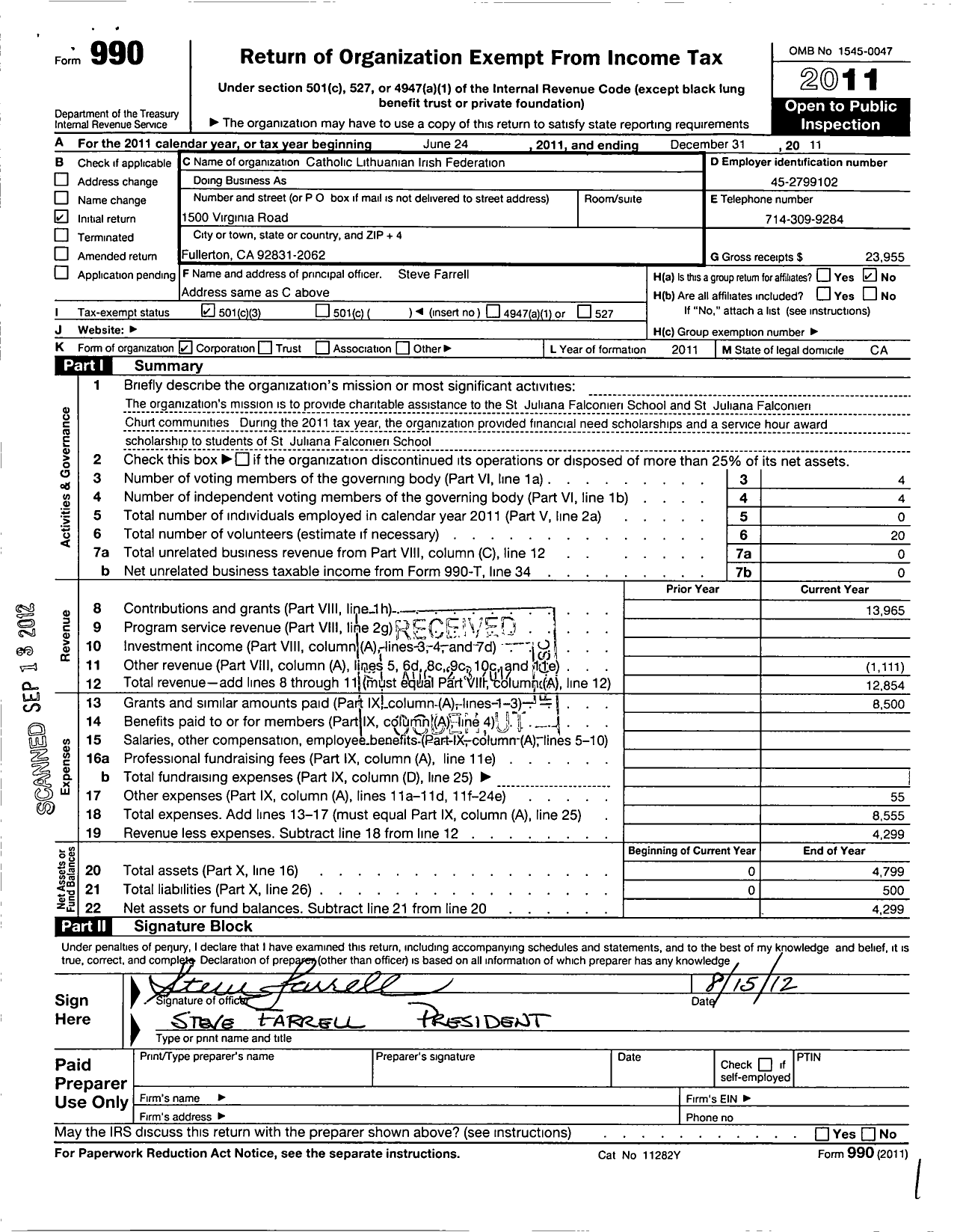 Image of first page of 2011 Form 990 for Catholic Lithuanian Irish Federation