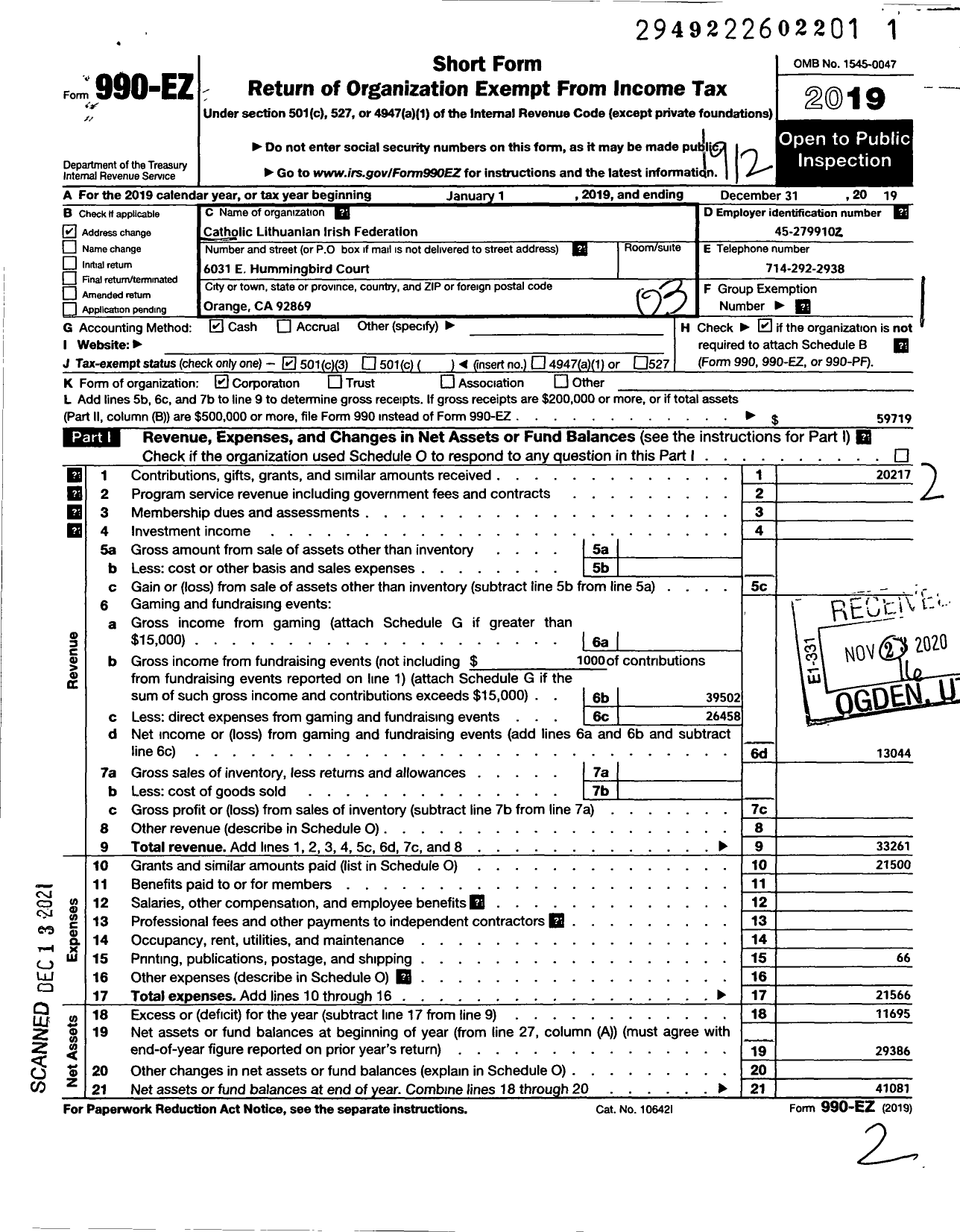 Image of first page of 2019 Form 990EZ for Catholic Lithuanian Irish Federation