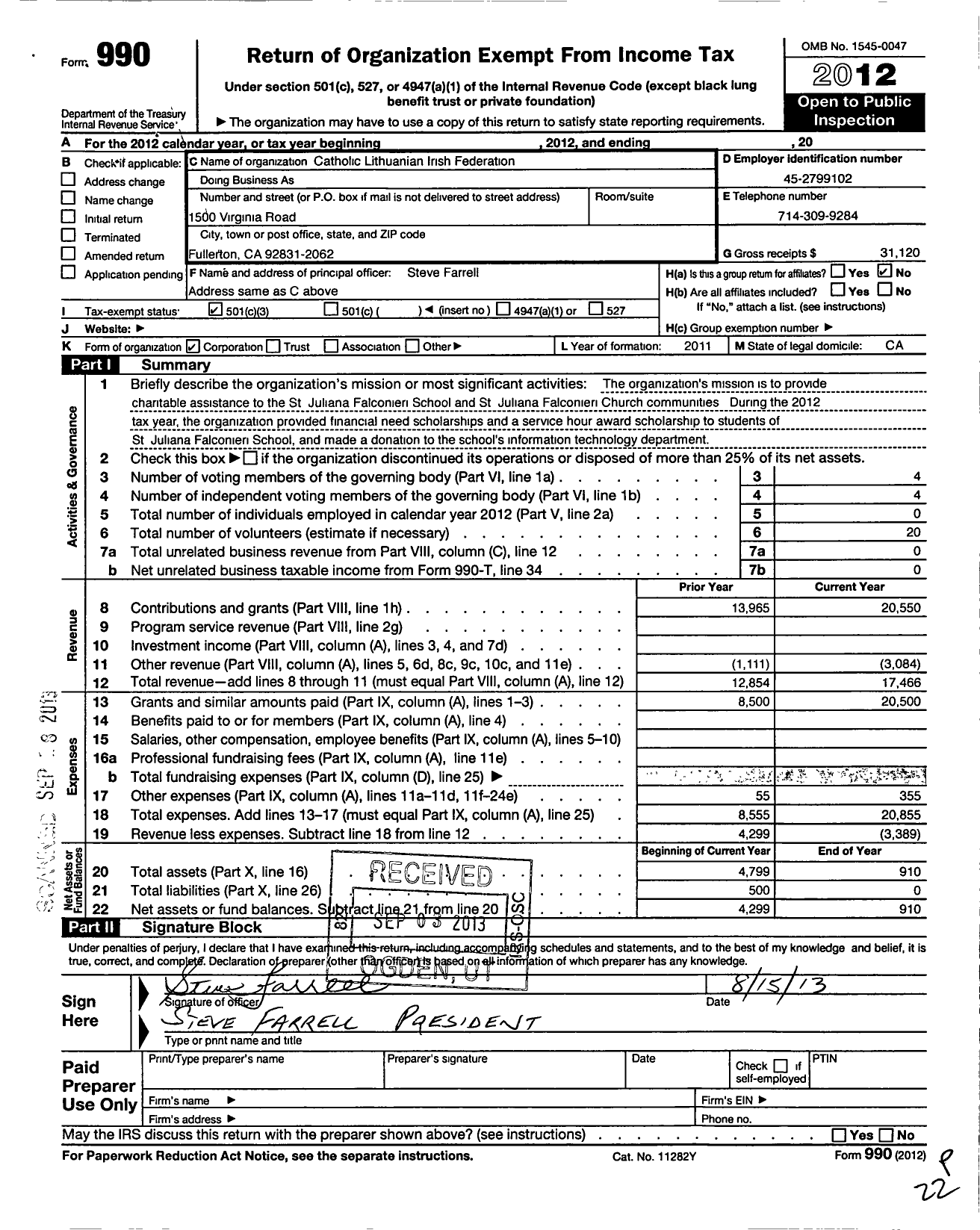 Image of first page of 2012 Form 990 for Catholic Lithuanian Irish Federation