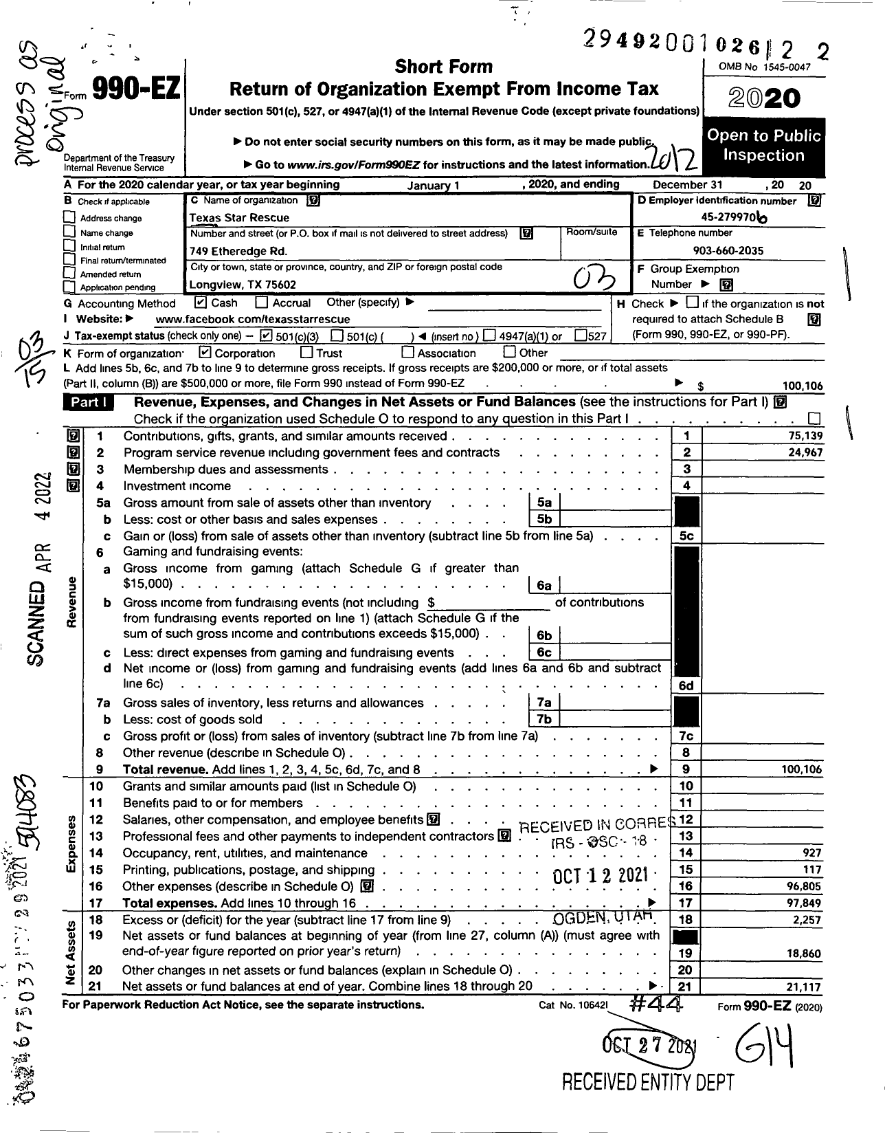 Image of first page of 2020 Form 990EZ for Texas Star Rescue