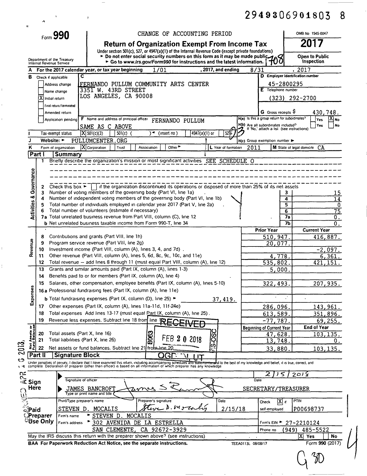 Image of first page of 2016 Form 990 for Fernando Pullum Community Arts Center