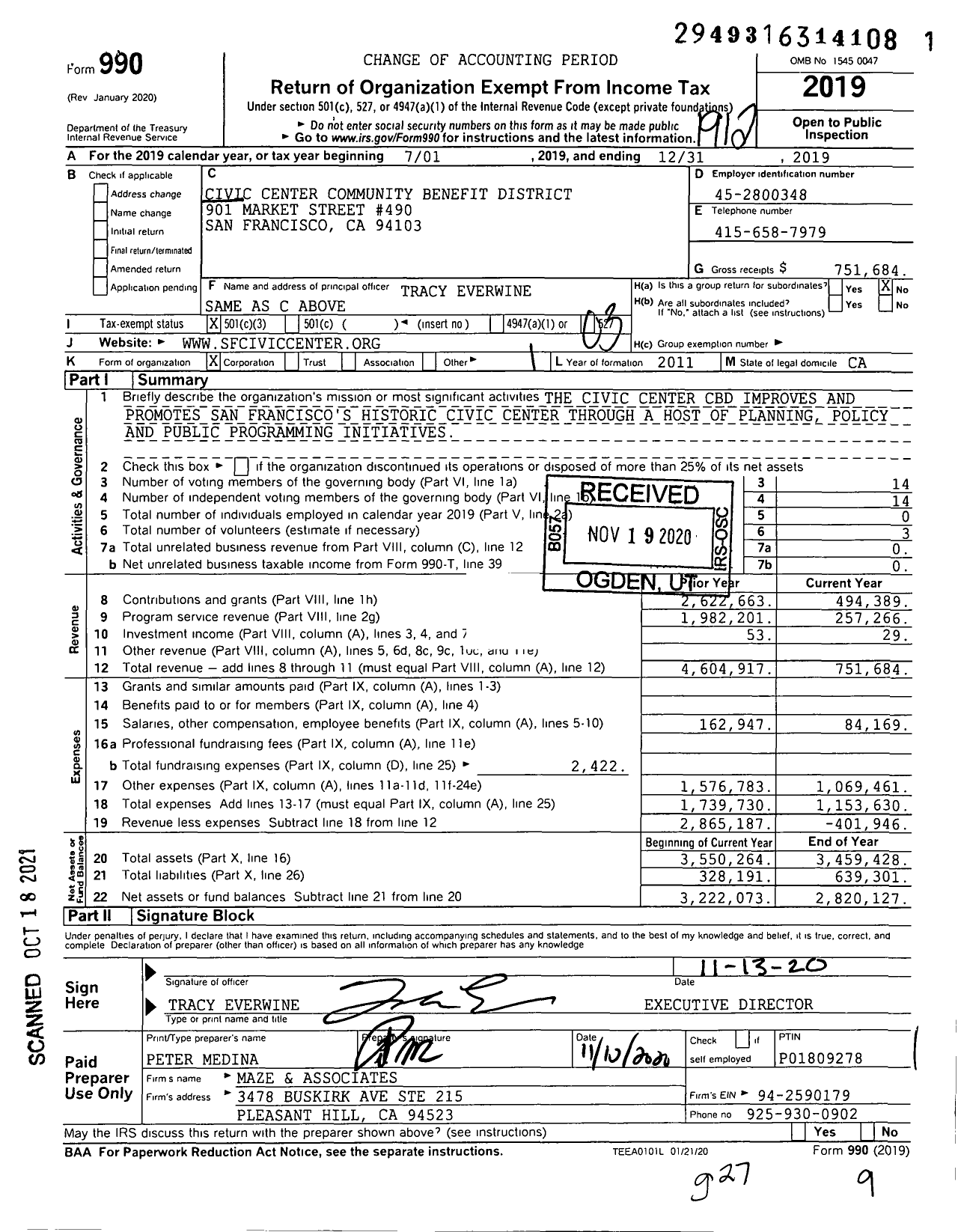Image of first page of 2019 Form 990 for Civic Center Community Benefit District