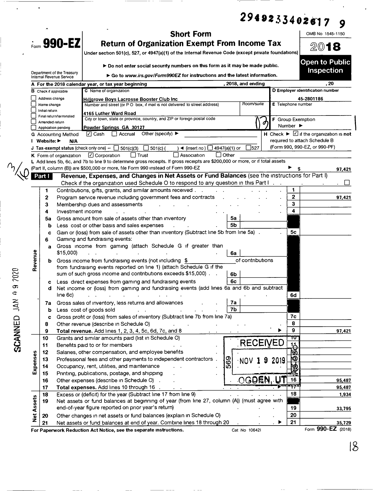 Image of first page of 2018 Form 990EZ for Hillgrove Boys Lacrosse Booster Club