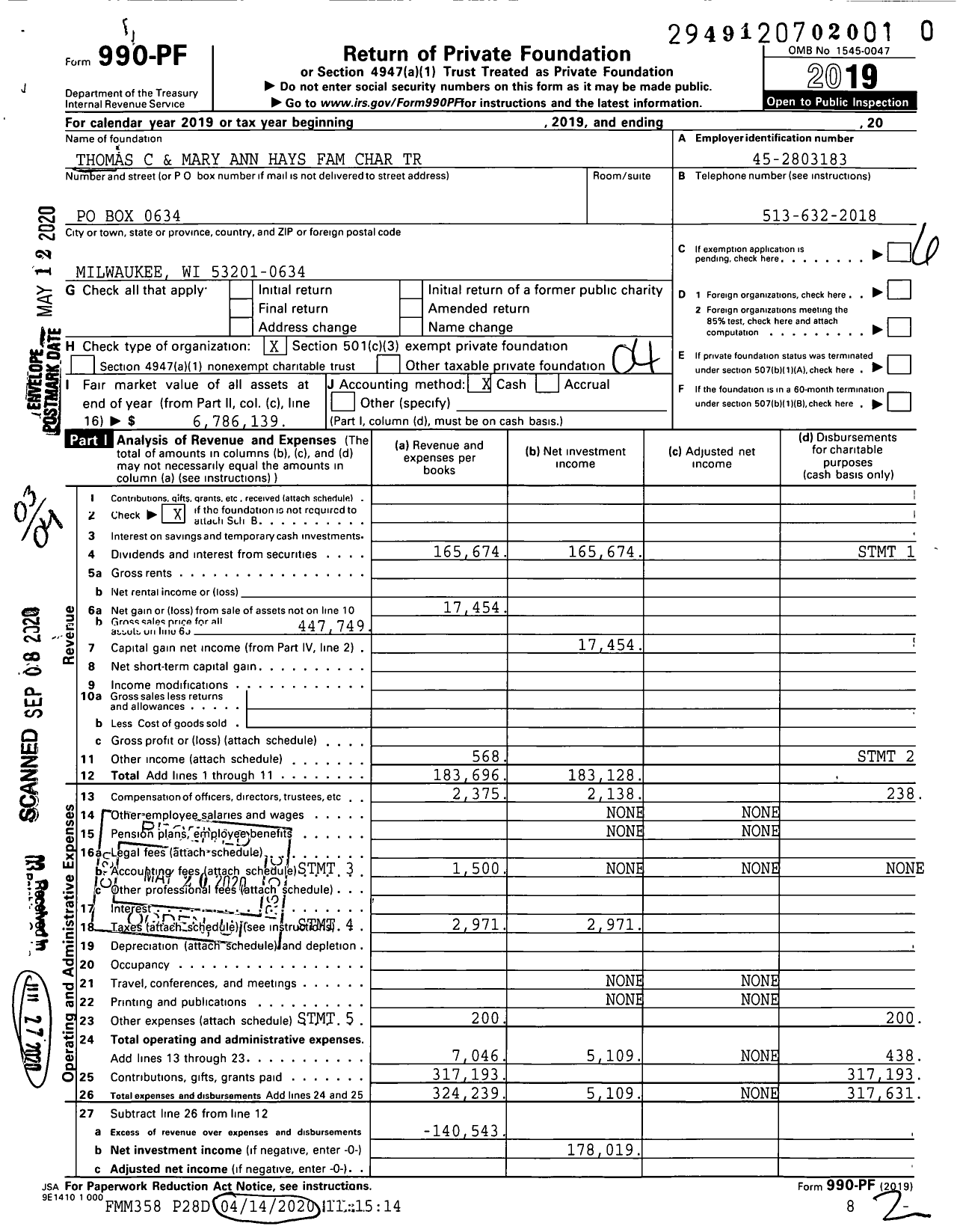 Image of first page of 2019 Form 990PR for Thomas C and Mary Ann Hays Family Charitable Trust