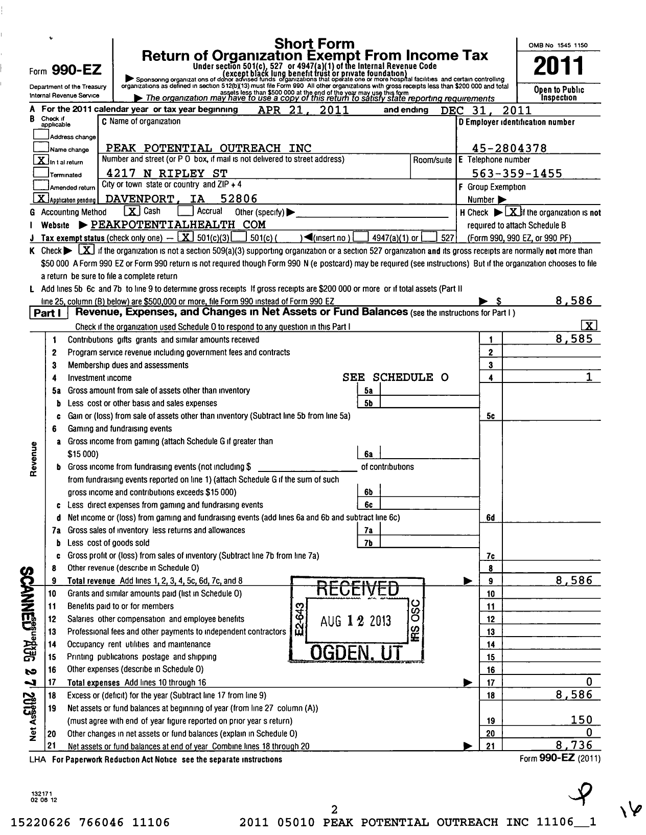 Image of first page of 2011 Form 990EZ for Peak Potential Outreach