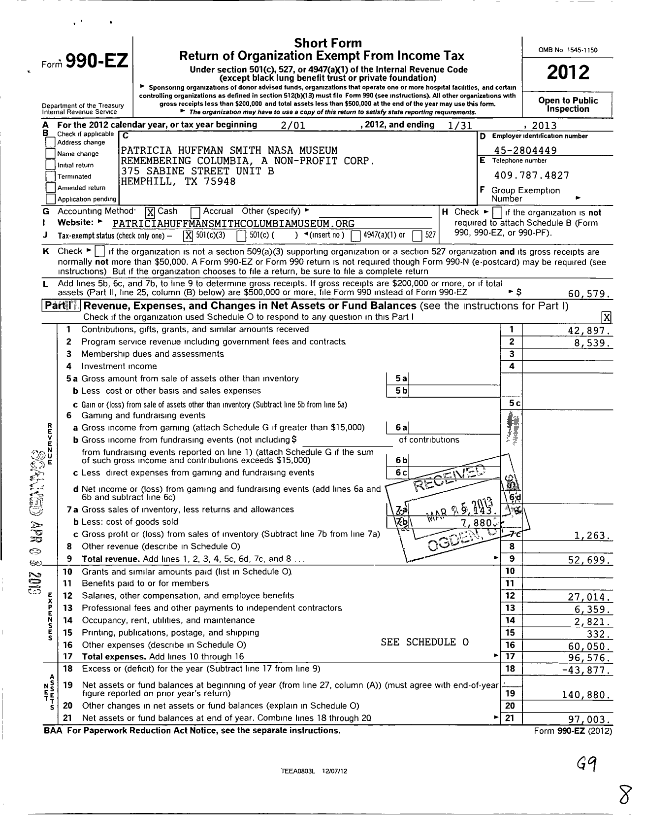 Image of first page of 2012 Form 990EZ for Patricia Huffman Smith NASA Museum - Remebering Columbia A Non-Profi