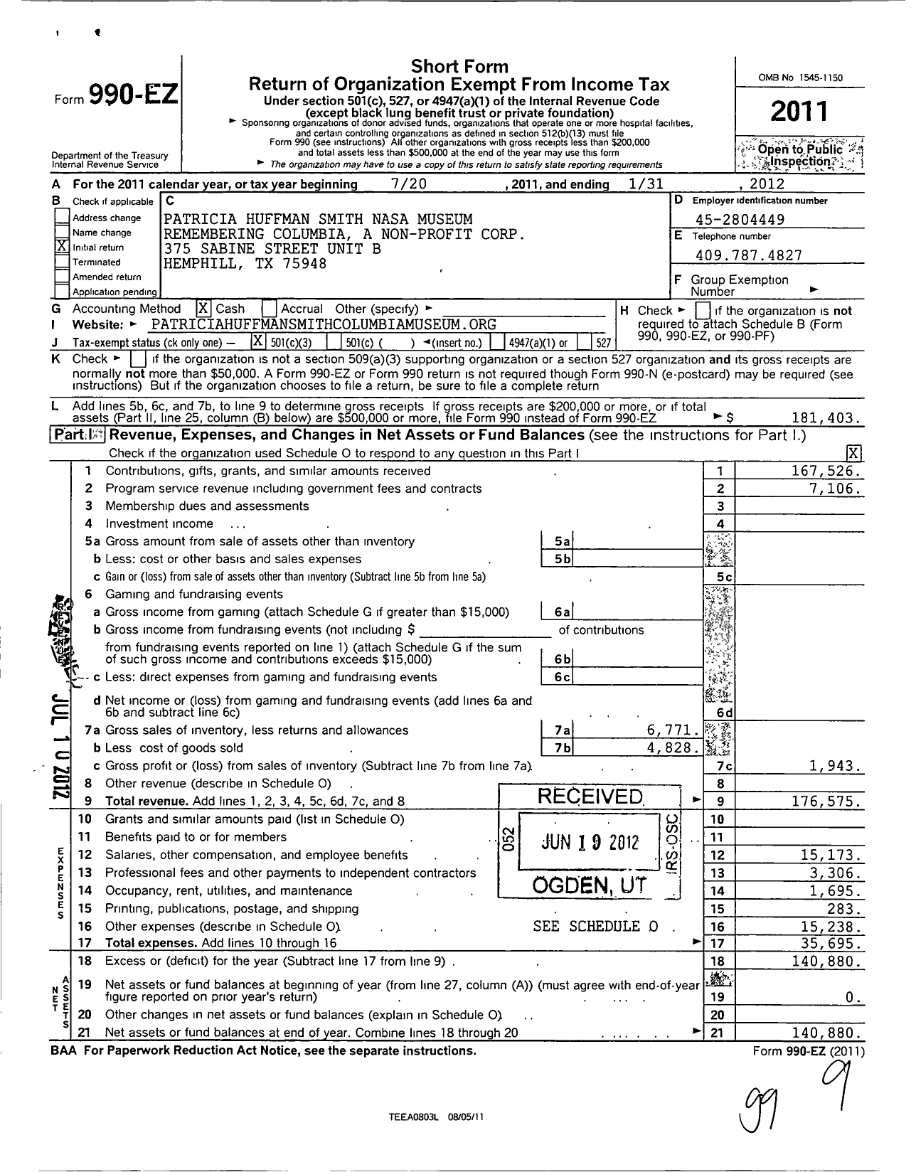 Image of first page of 2011 Form 990EZ for Patricia Huffman Smith NASA Museum - Remebering Columbia A Non-Profi