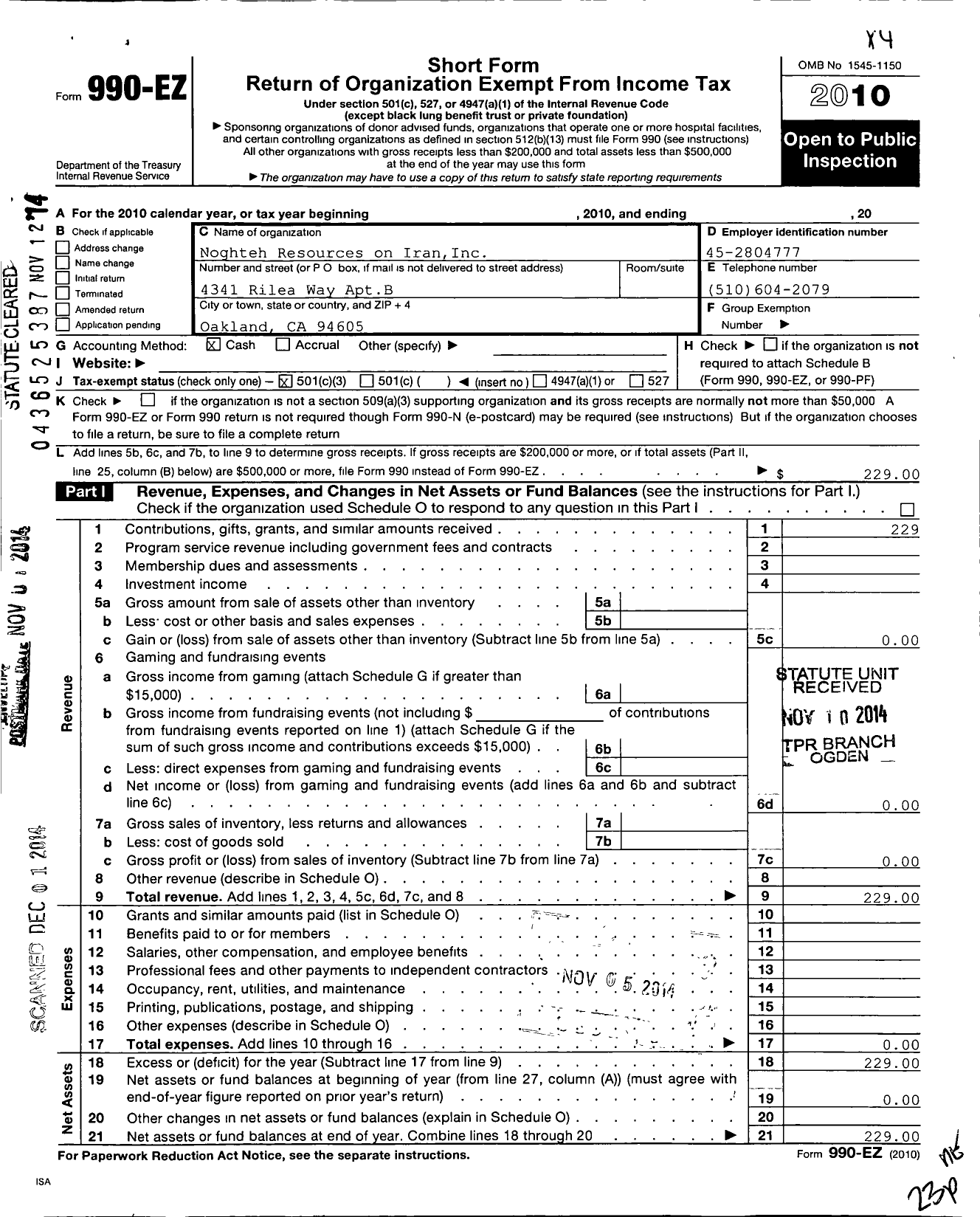 Image of first page of 2010 Form 990EZ for Noghteh Resources on Iran