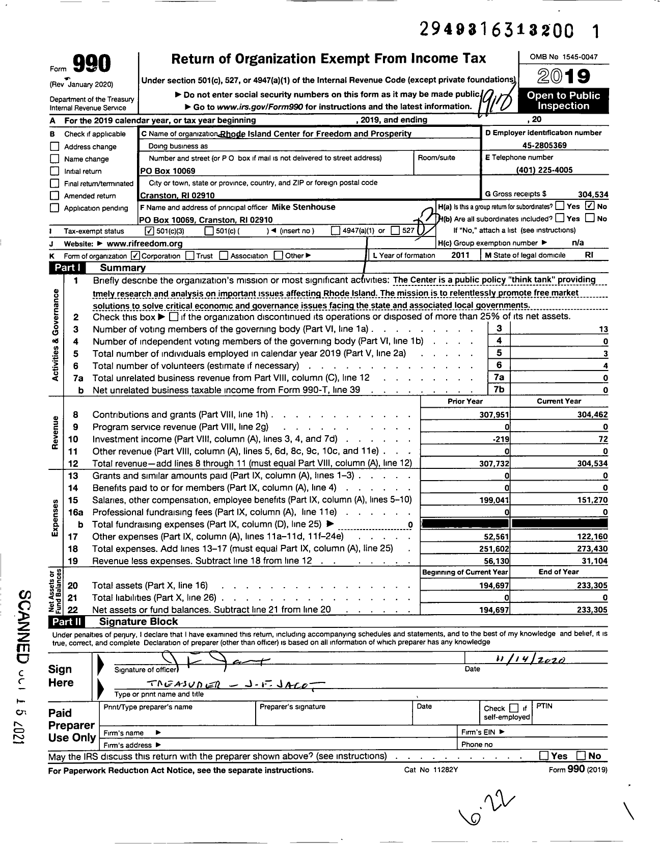 Image of first page of 2019 Form 990 for Rhode Island Center for Freedom and Prosperity