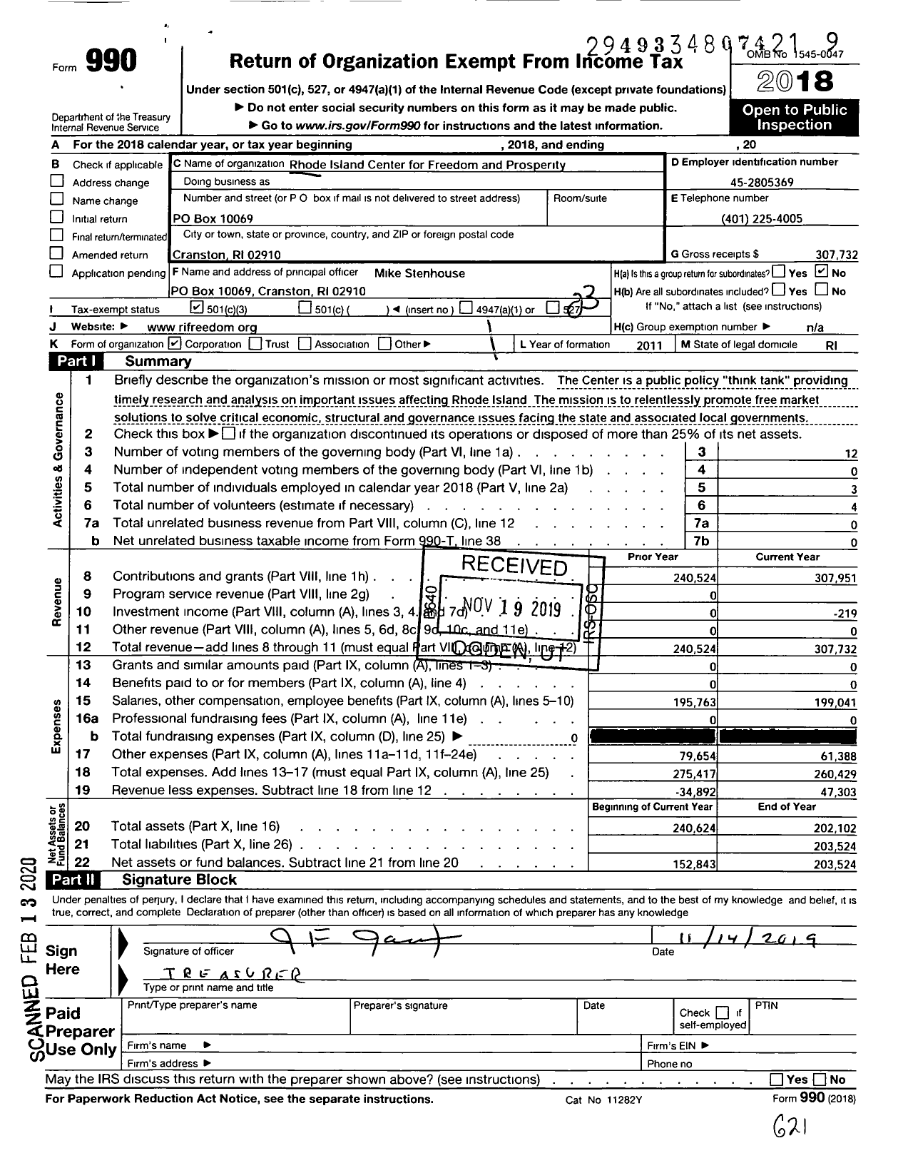 Image of first page of 2018 Form 990 for Rhode Island Center for Freedom and Prosperity