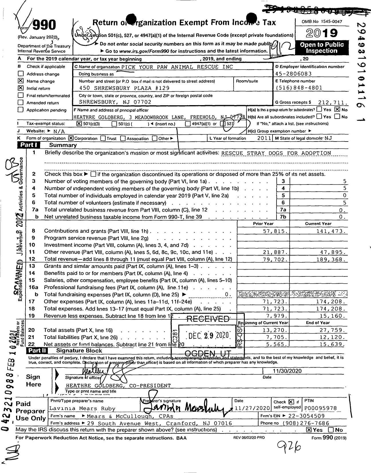 Image of first page of 2019 Form 990 for Pick Your Paw Animal Rescue