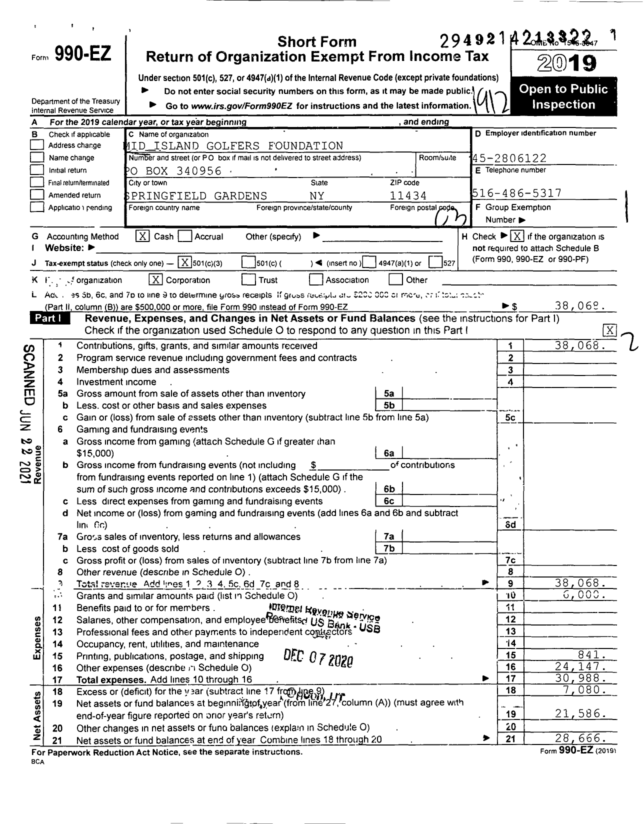 Image of first page of 2019 Form 990EZ for MID ISLAND GOlFERS FOUNDATION OF NEW YORK