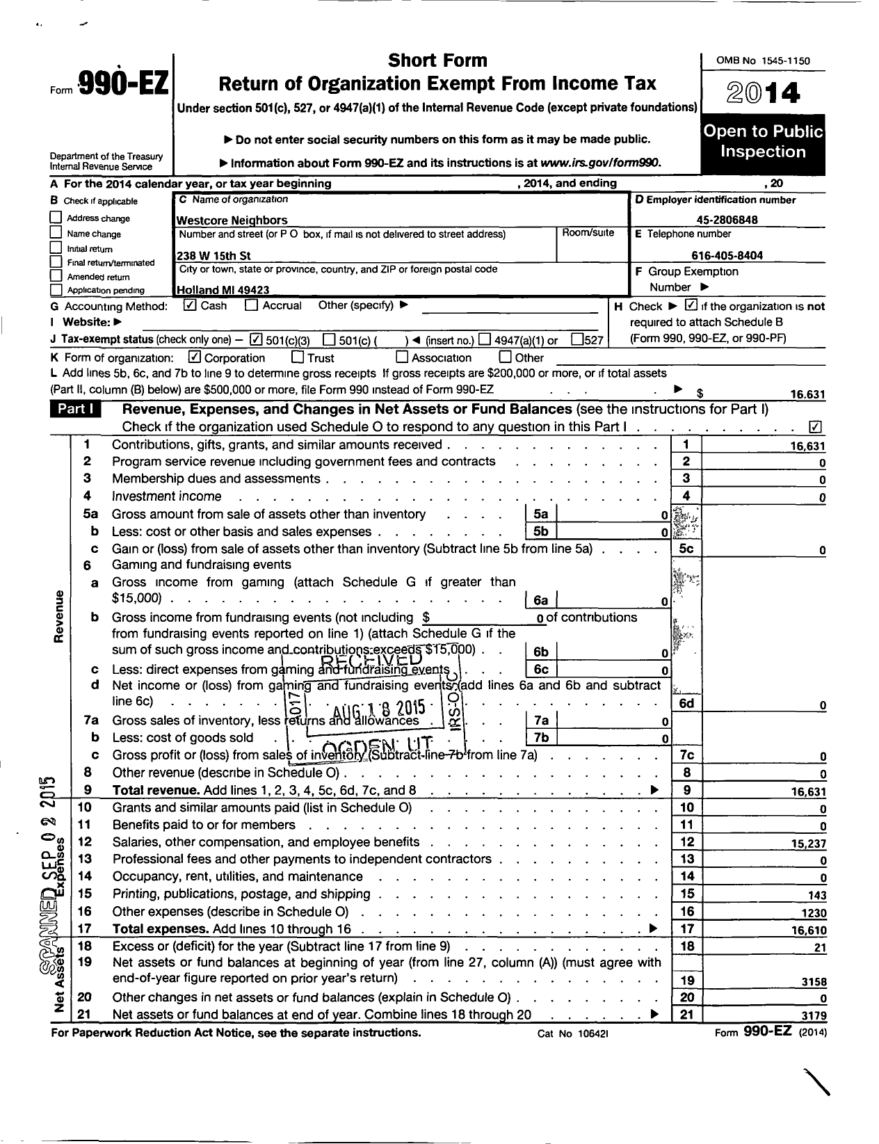 Image of first page of 2014 Form 990EZ for Westcore Neighbors