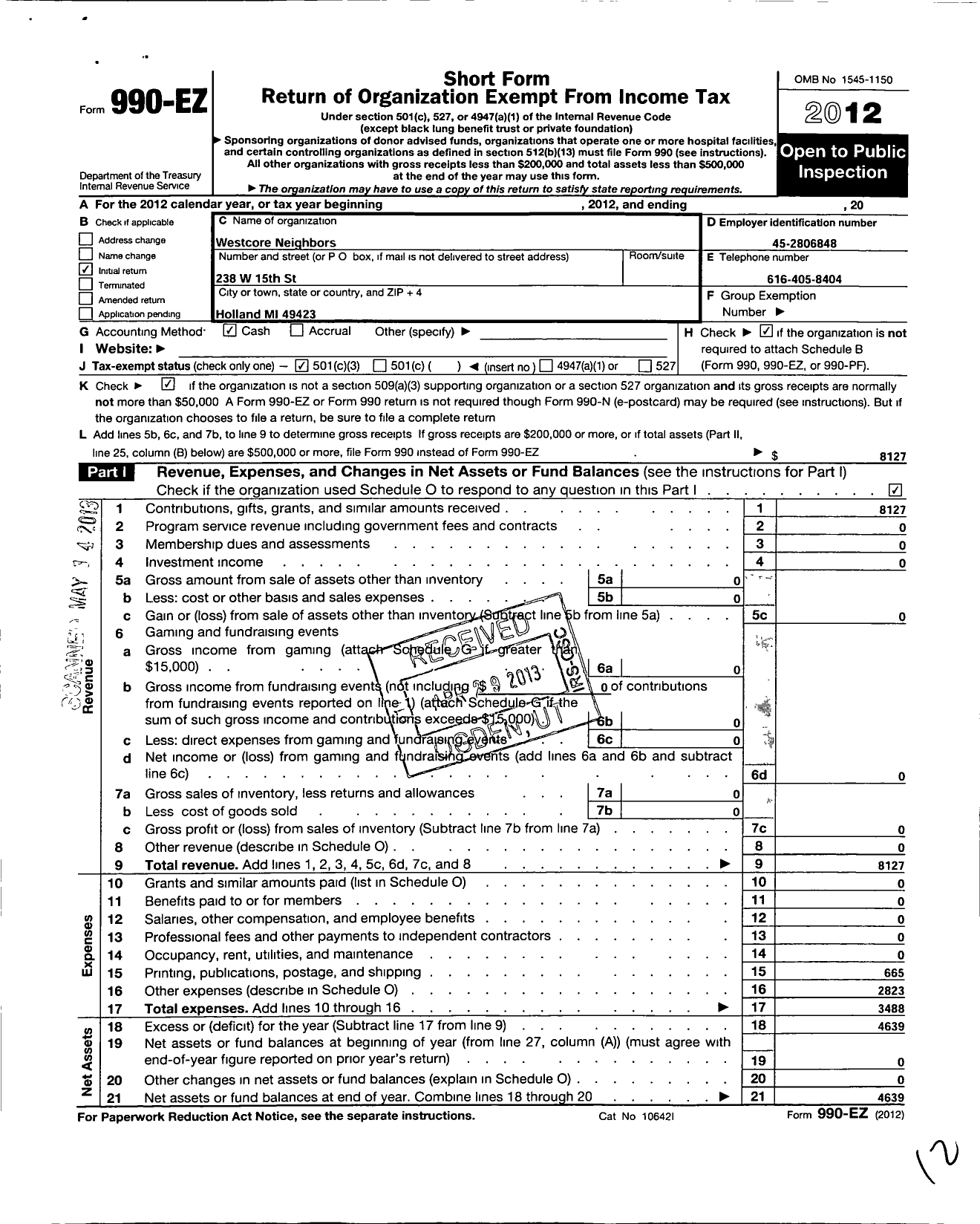 Image of first page of 2012 Form 990EZ for Westcore Neighbors