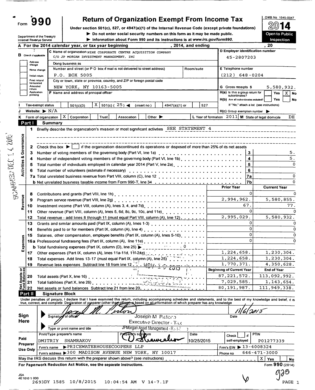 Image of first page of 2014 Form 990O for Nine Corporate Centre Acquisition Company