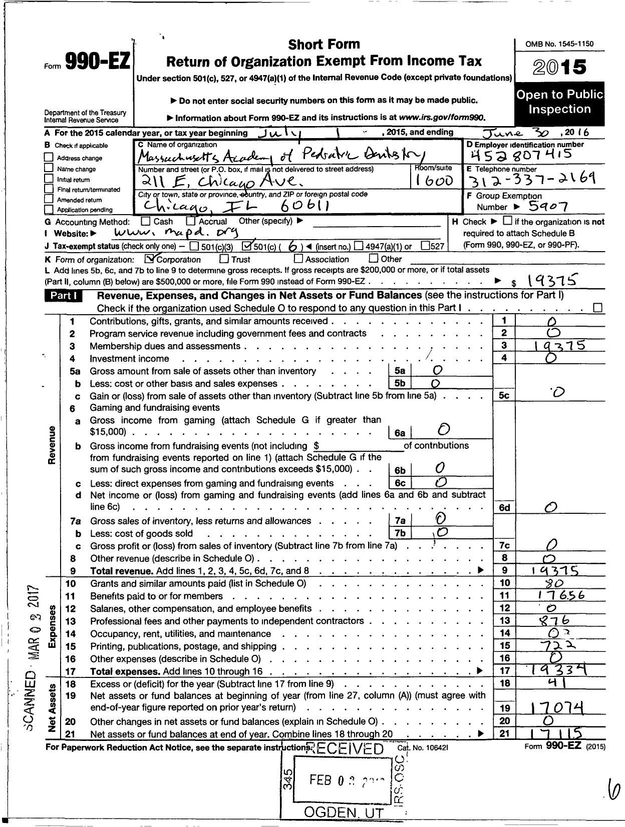 Image of first page of 2015 Form 990EO for American Academy of Pediatric Dentistry / Massachusetts Academy of Ped Dent