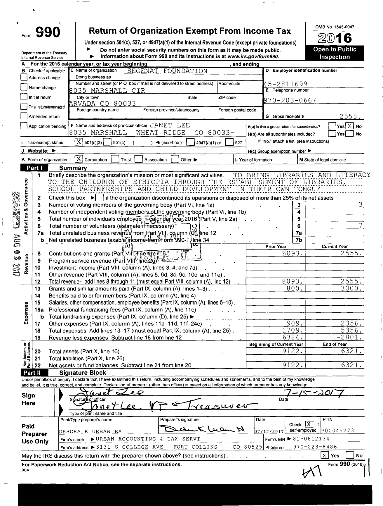 Image of first page of 2016 Form 990 for Segenat Foundation