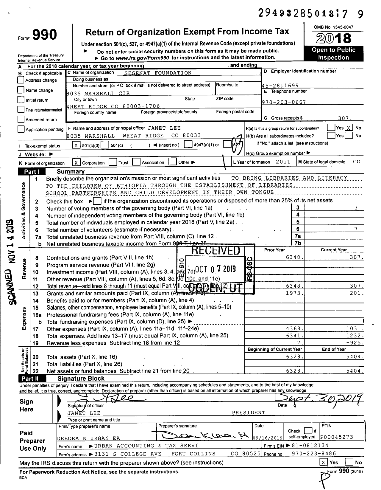 Image of first page of 2018 Form 990 for Segenat Foundation