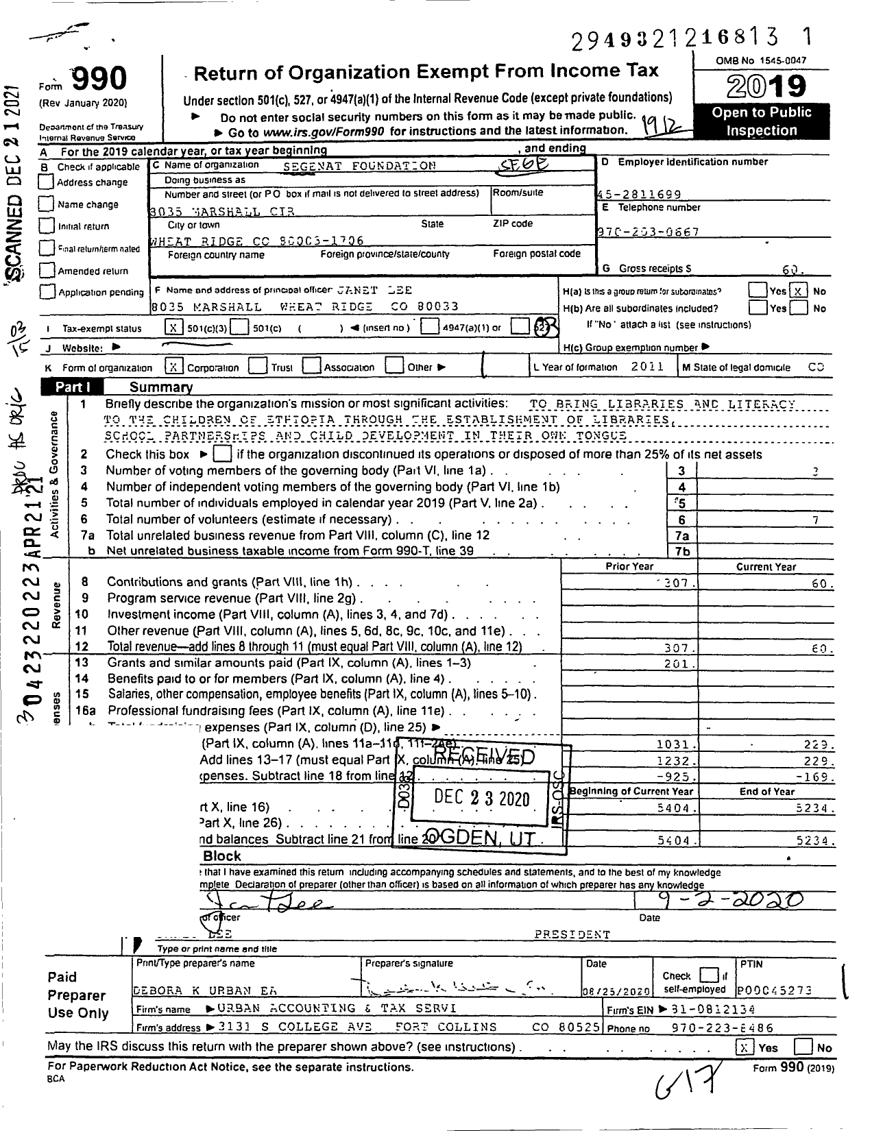 Image of first page of 2019 Form 990 for Segenat Foundation