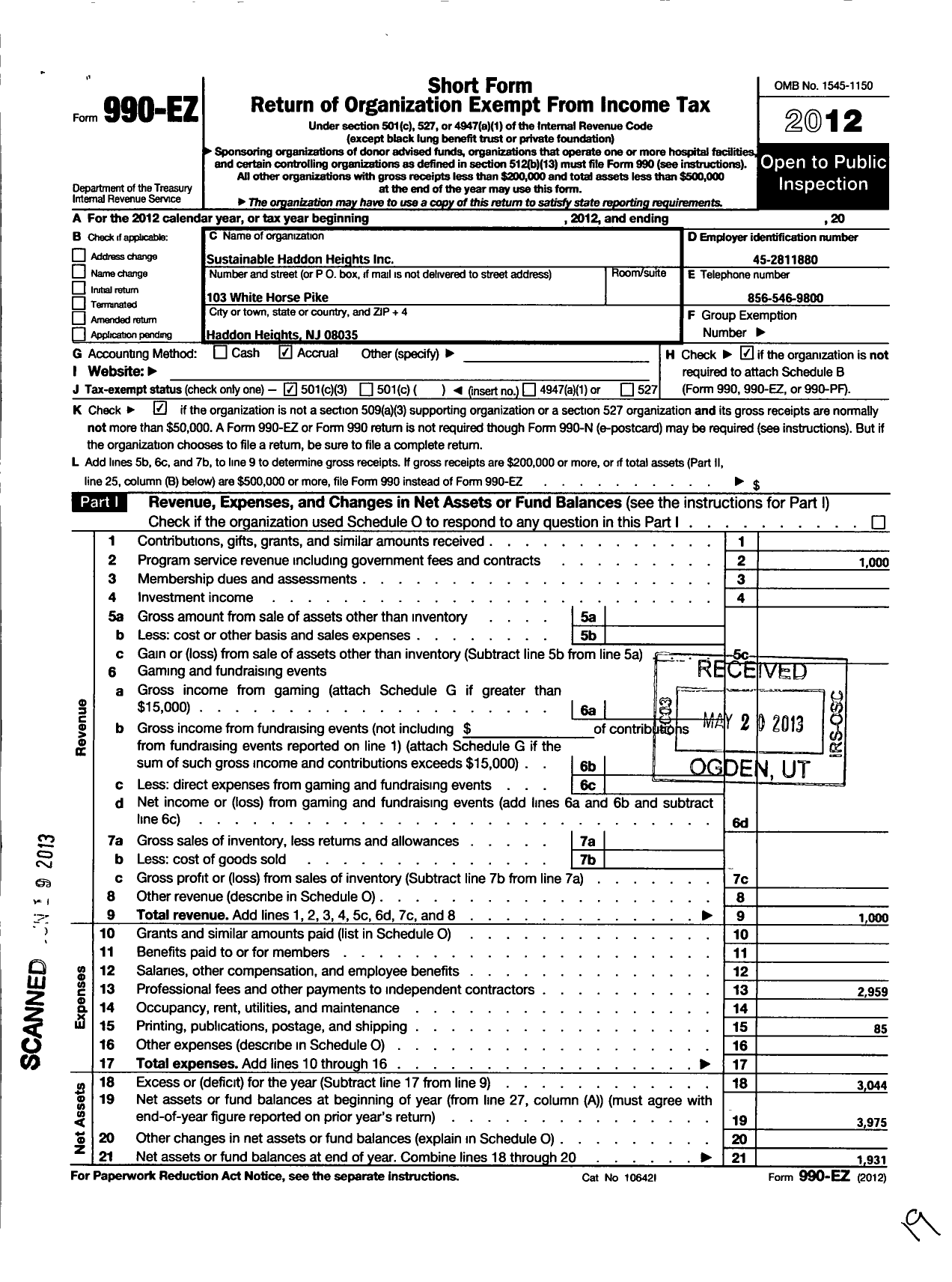 Image of first page of 2012 Form 990EZ for Sustainable Haddon Heights Incorporated