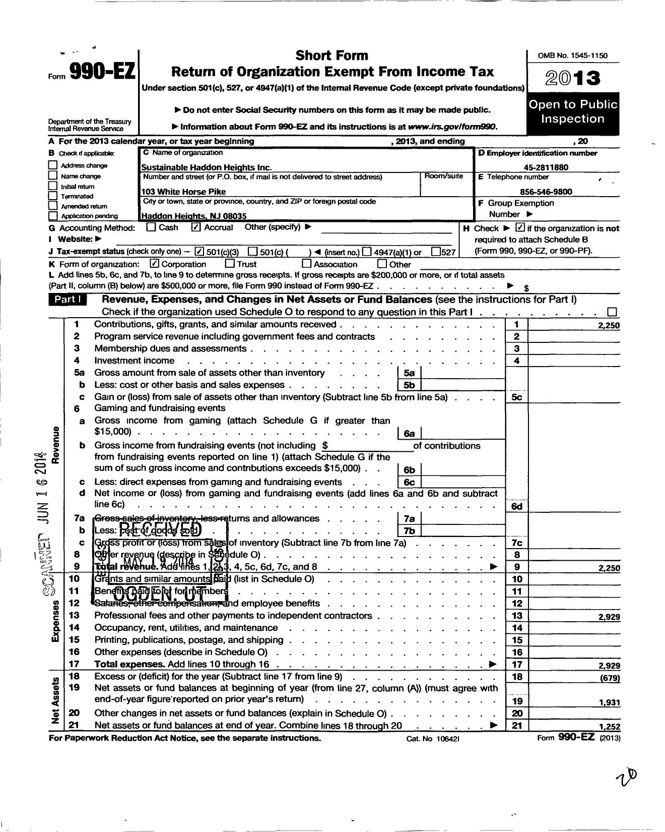 Image of first page of 2013 Form 990EZ for Sustainable Haddon Heights Incorporated