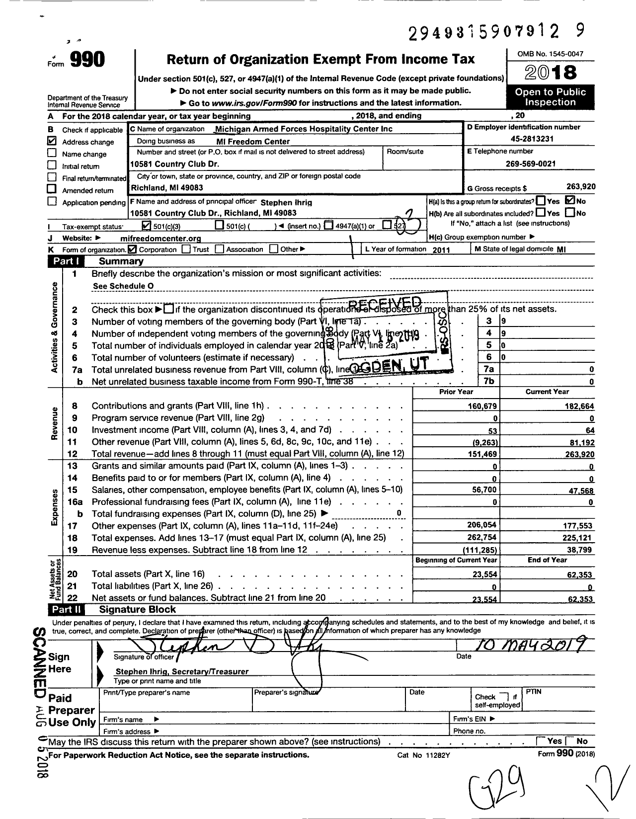Image of first page of 2018 Form 990 for Michigan Armed Forces Hospitality Center