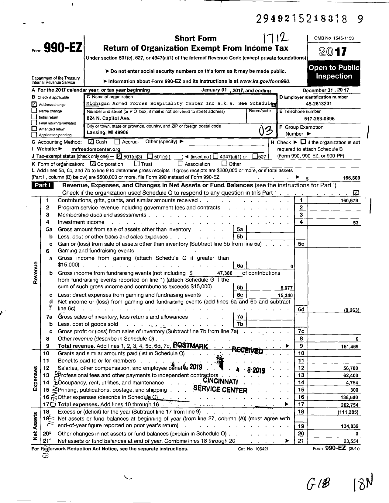 Image of first page of 2017 Form 990EZ for Michigan Armed Forces Hospitality Center