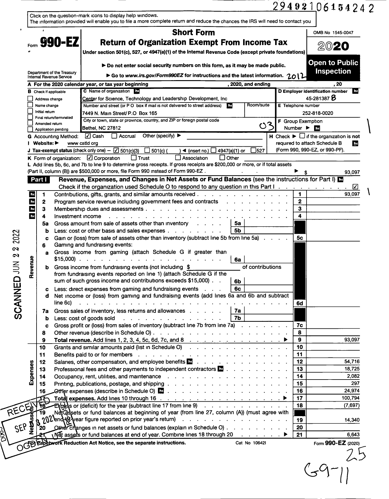 Image of first page of 2020 Form 990EZ for Center for Science Technology and Leadership Development