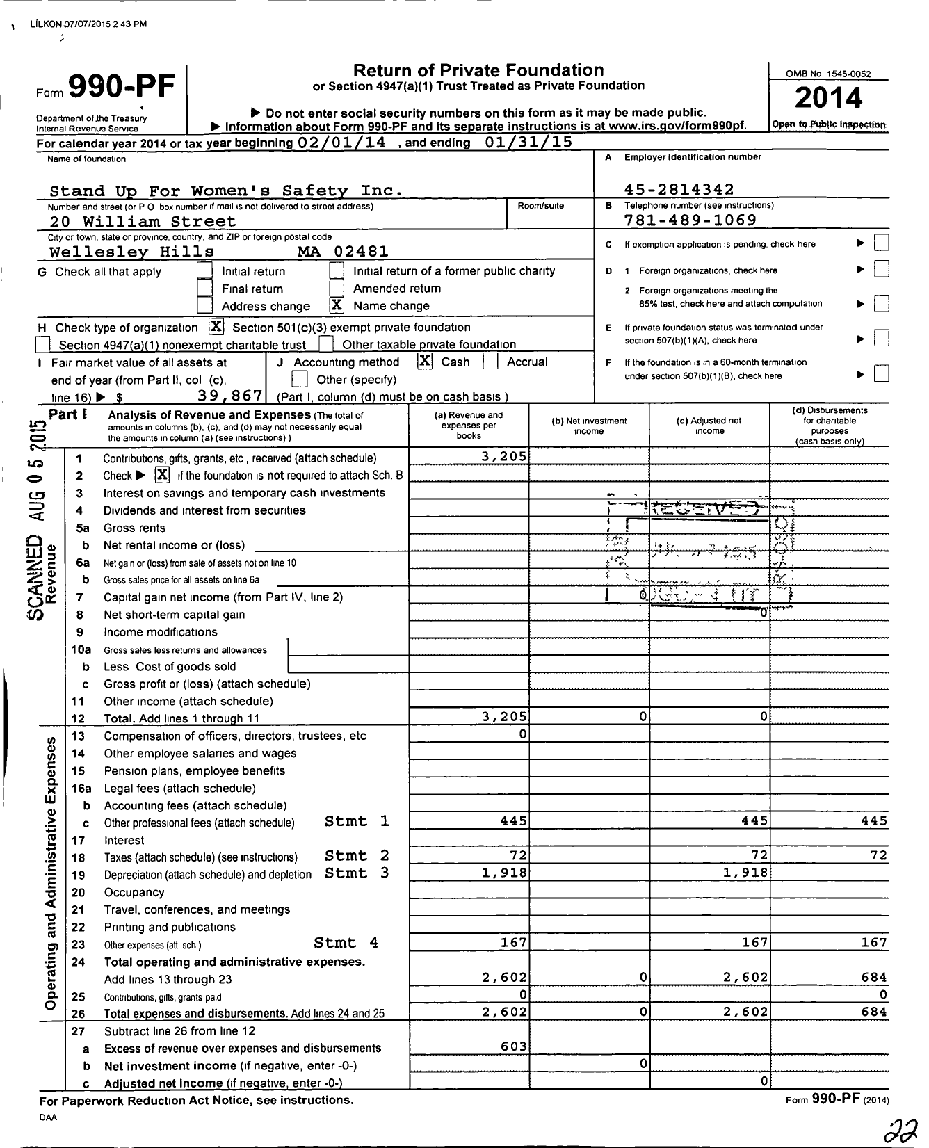 Image of first page of 2014 Form 990PF for Stand Up for Womens Safety