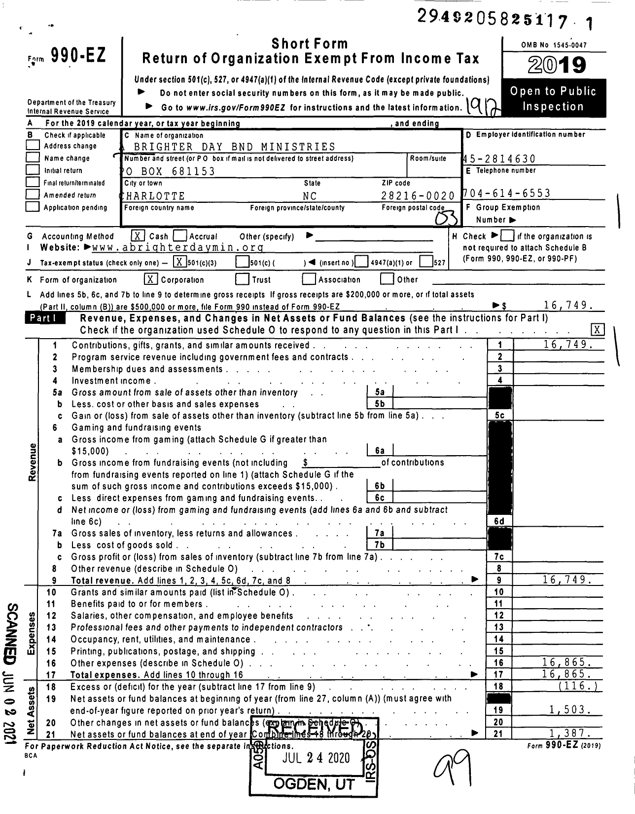 Image of first page of 2019 Form 990EZ for A Brighter Day-Bnd Ministries Beverly K Davis