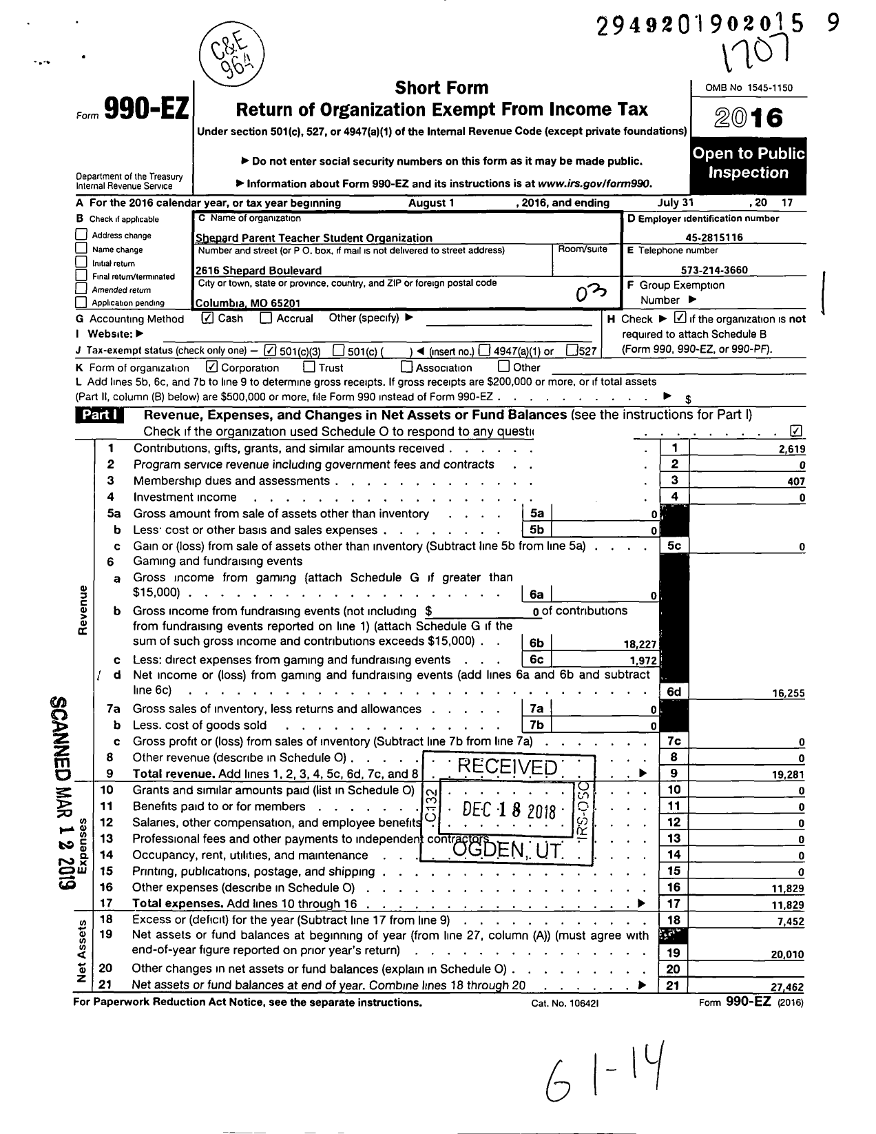 Image of first page of 2016 Form 990EZ for Shepard Parent-Teacher-Student Organization