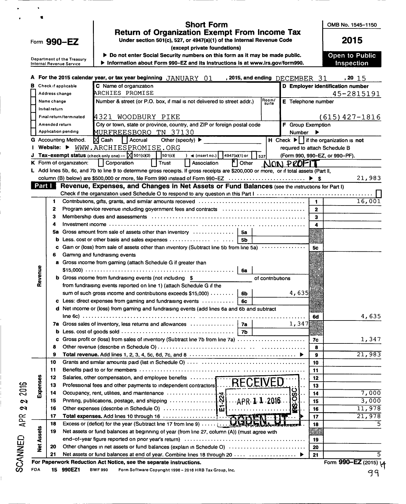 Image of first page of 2015 Form 990EZ for Archies Promise