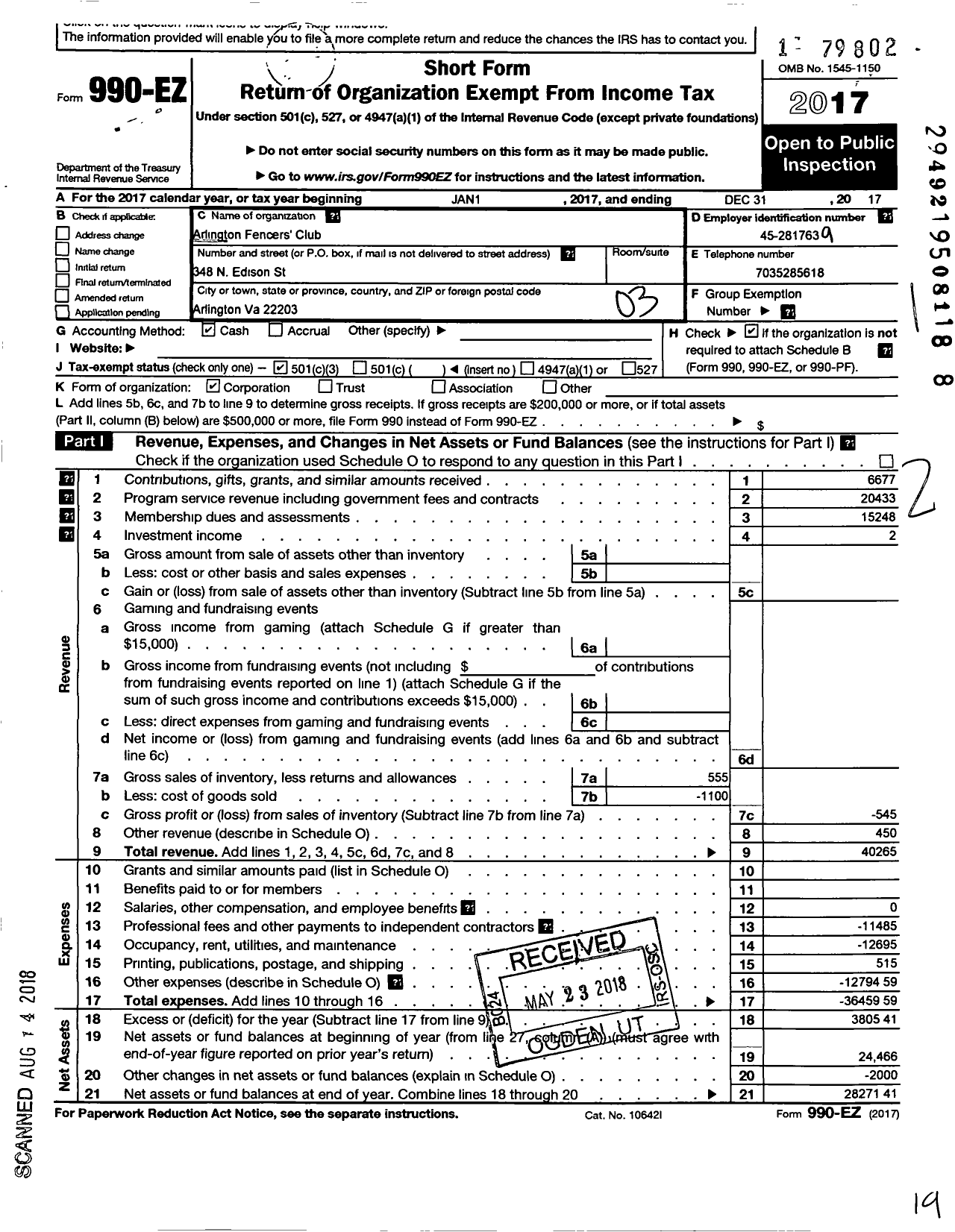 Image of first page of 2017 Form 990EZ for Arlington Fencers Club