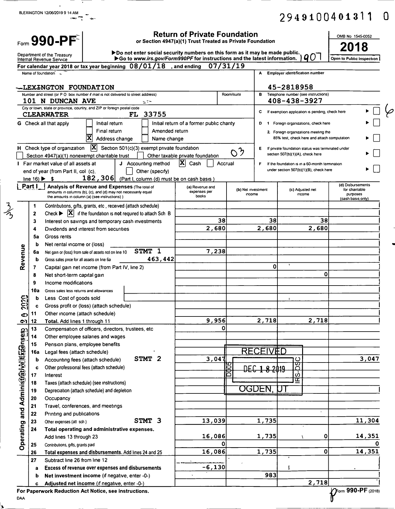 Image of first page of 2018 Form 990PF for Lexington Foundation