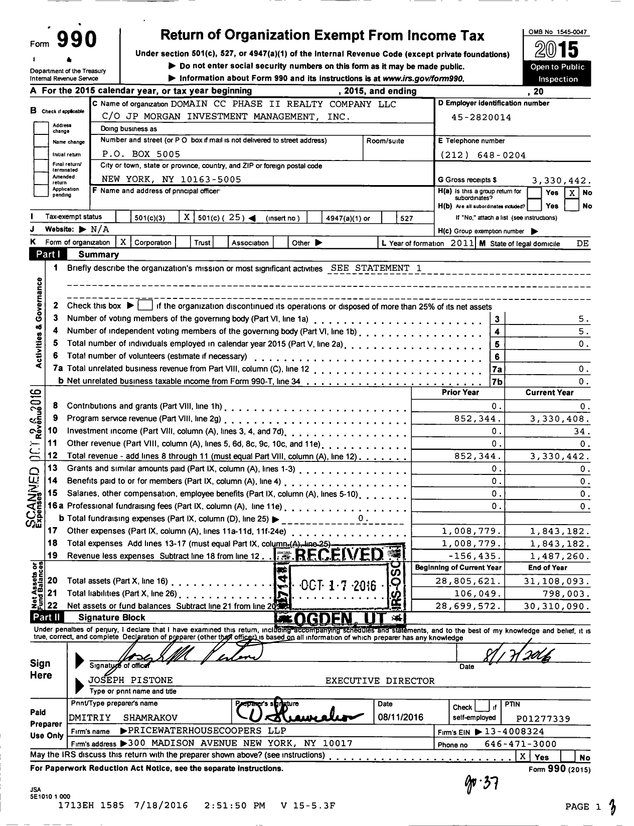 Image of first page of 2015 Form 990O for Domain CC Phase II Realty Company LLC